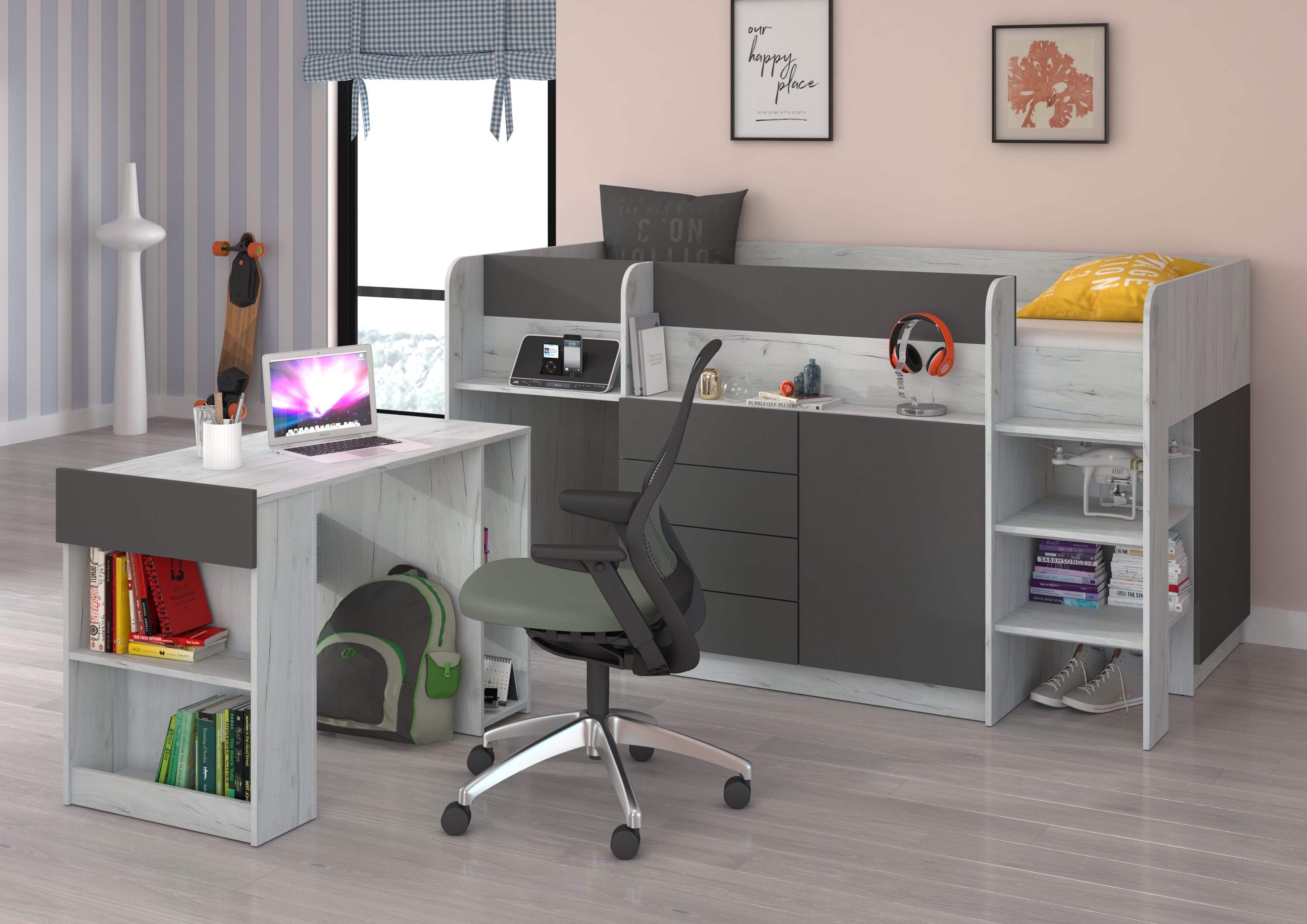 Etagenbett SMI-P mit Treppe rechts, Ausziehbarer Schreibtisch und kleiner Schrank