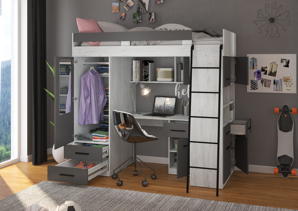 Etagenbett LEV-P mit Leiter rechts, Kleiderschrank, Schreibtisch und viele Regale