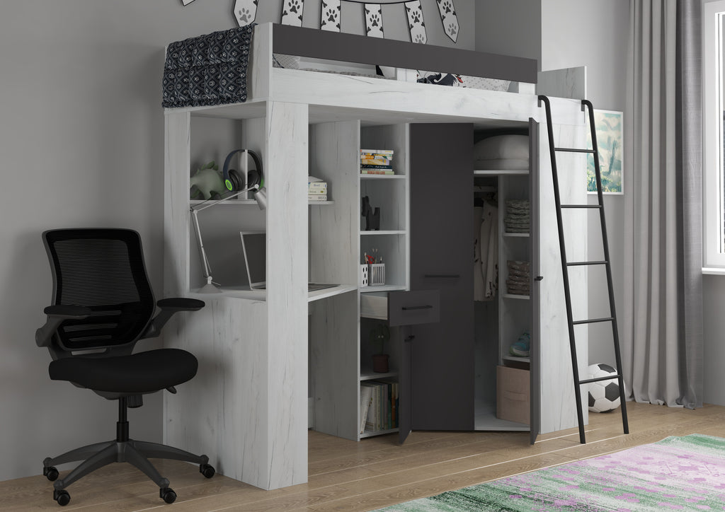 Etagenbett FLO-P mit Leiter Rechts, Eckkleiderschrank und Schreibtisch