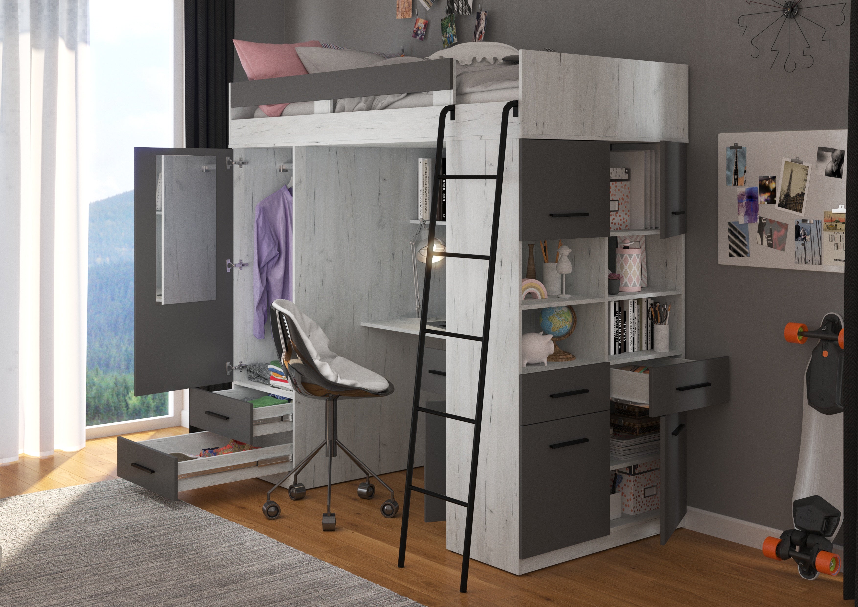 Etagenbett LEV-P mit Leiter rechts, Kleiderschrank, Schreibtisch und viele Regale