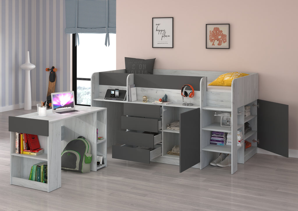 Etagenbett SMI-P mit Treppe rechts, Ausziehbarer Schreibtisch und kleiner Schrank