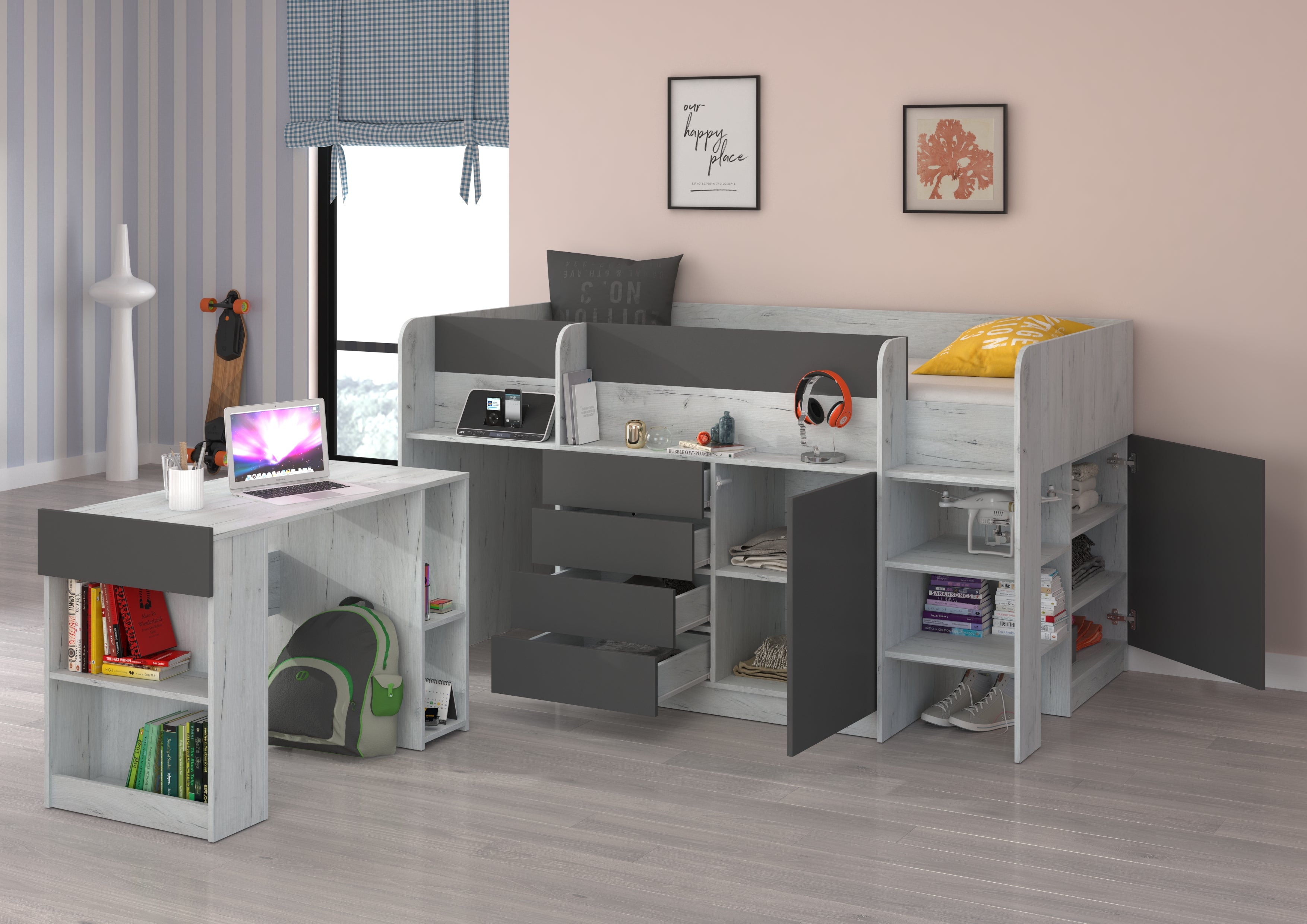 Etagenbett SMI-P mit Treppe rechts, Ausziehbarer Schreibtisch und kleiner Schrank