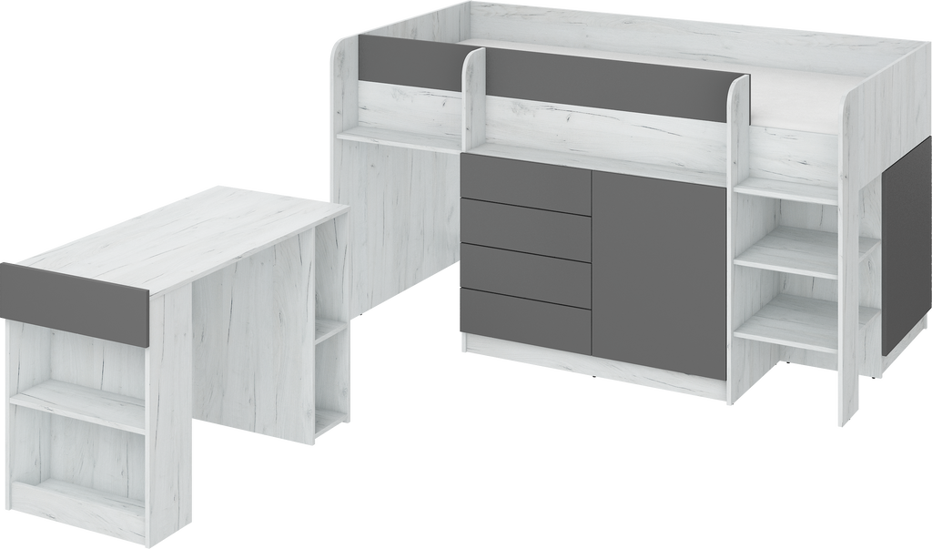 Etagenbett SMI-P mit Treppe rechts, Ausziehbarer Schreibtisch und kleiner Schrank