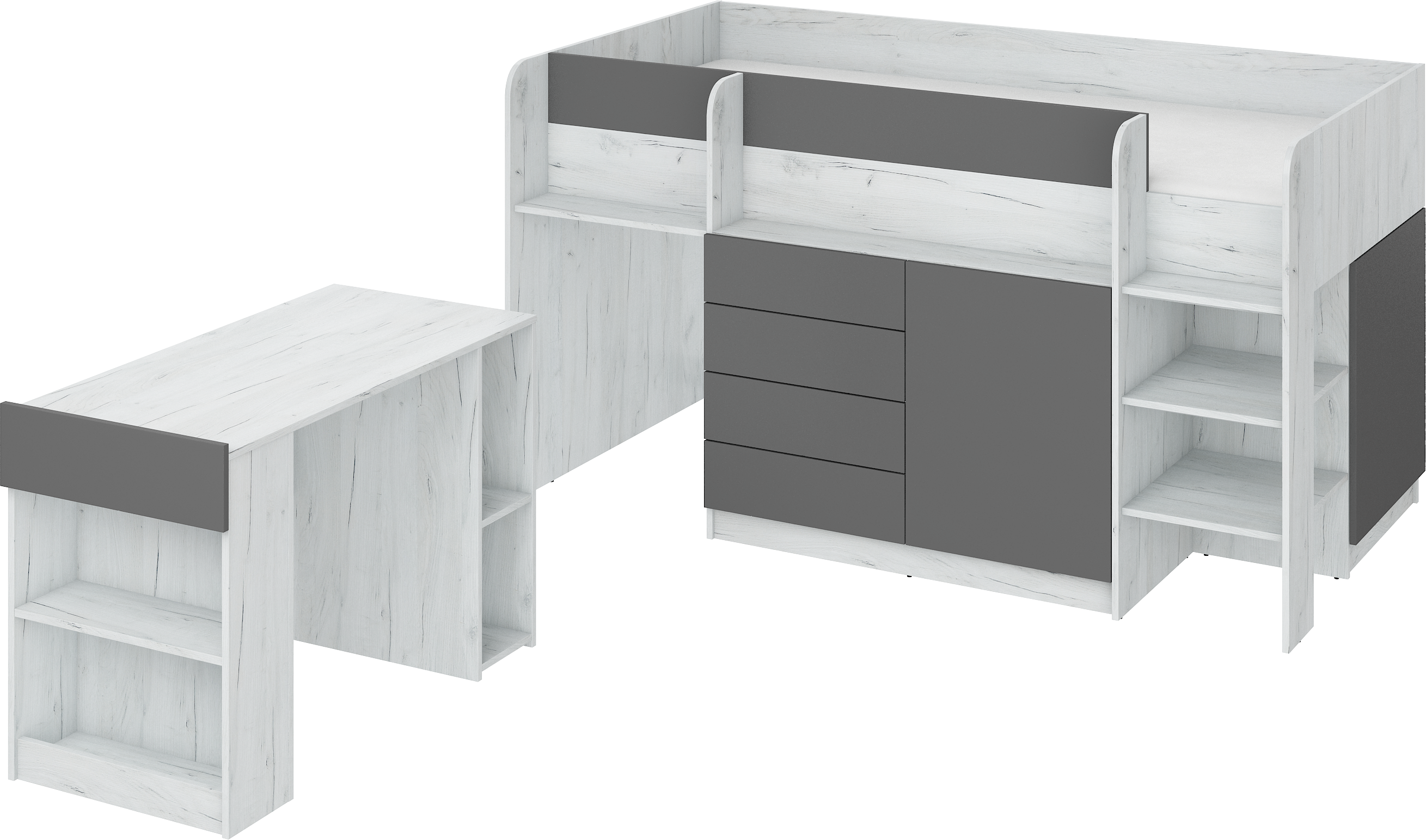 Etagenbett SMI-P mit Treppe rechts, Ausziehbarer Schreibtisch und kleiner Schrank