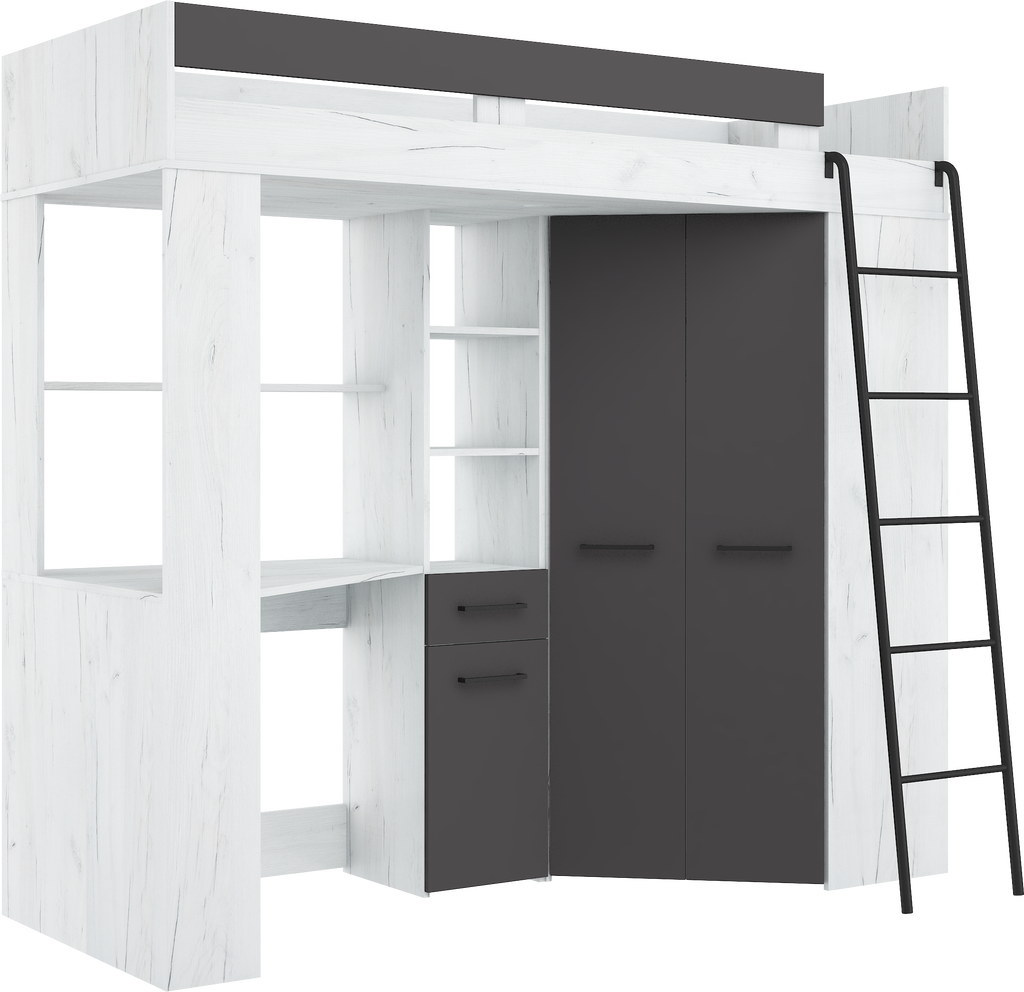 Etagenbett FLO-P mit Leiter Rechts, Eckkleiderschrank und Schreibtisch