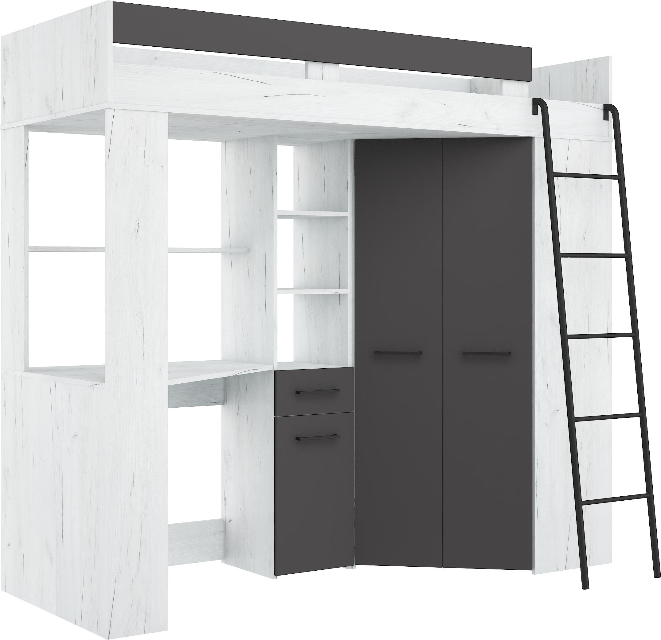 Etagenbett FLO-P mit Leiter Rechts, Eckkleiderschrank und Schreibtisch