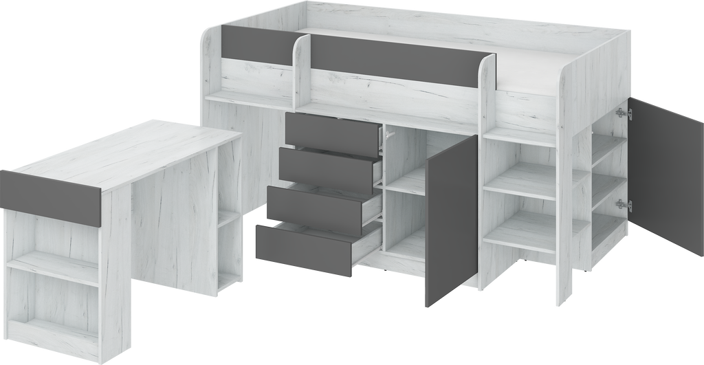 Etagenbett SMI-P mit Treppe rechts, Ausziehbarer Schreibtisch und kleiner Schrank