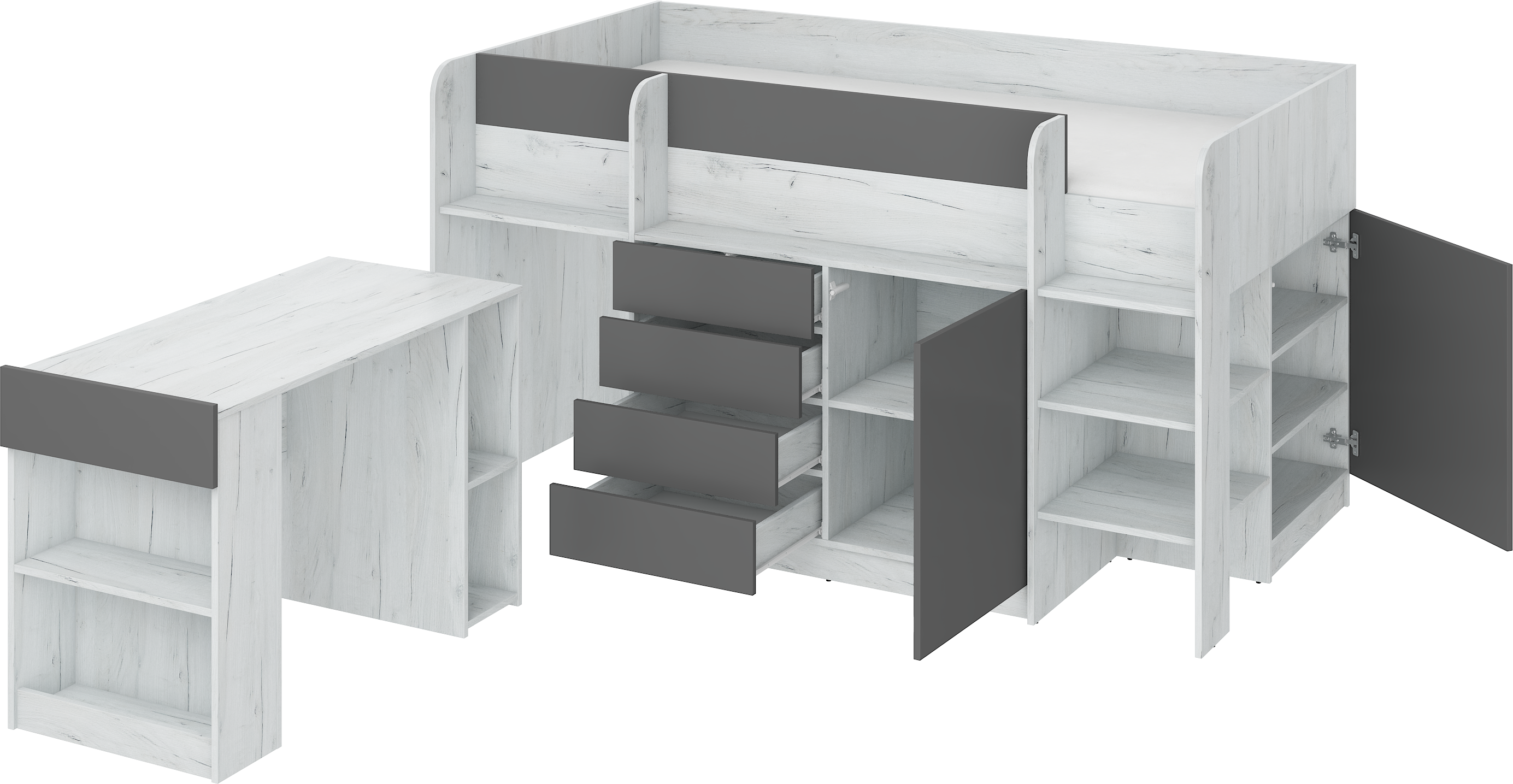 Etagenbett SMI-P mit Treppe rechts, Ausziehbarer Schreibtisch und kleiner Schrank