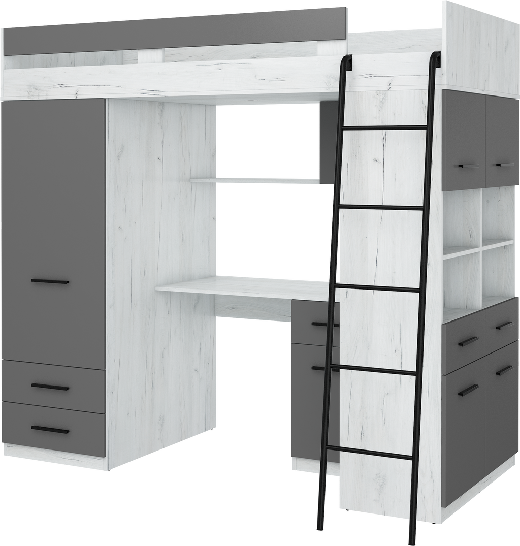 Etagenbett LEV-P mit Leiter rechts, Kleiderschrank, Schreibtisch und viele Regale