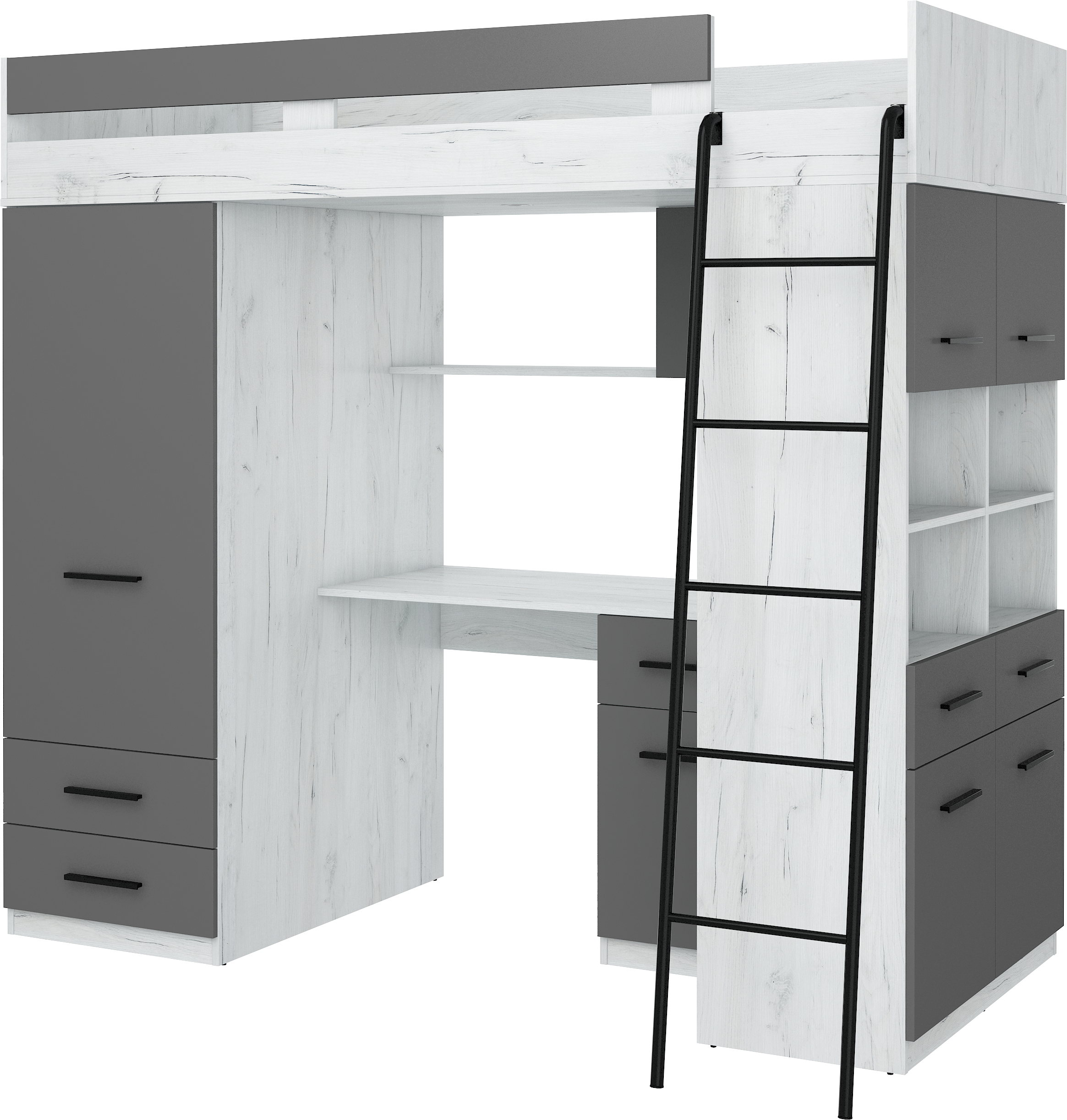 Etagenbett LEV-P mit Leiter rechts, Kleiderschrank, Schreibtisch und viele Regale
