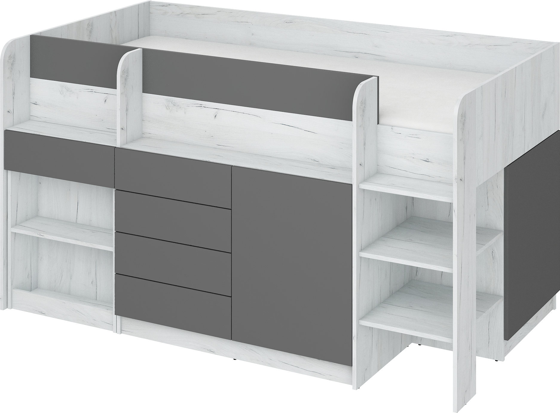 Etagenbett SMI-P mit Treppe rechts, Ausziehbarer Schreibtisch und kleiner Schrank