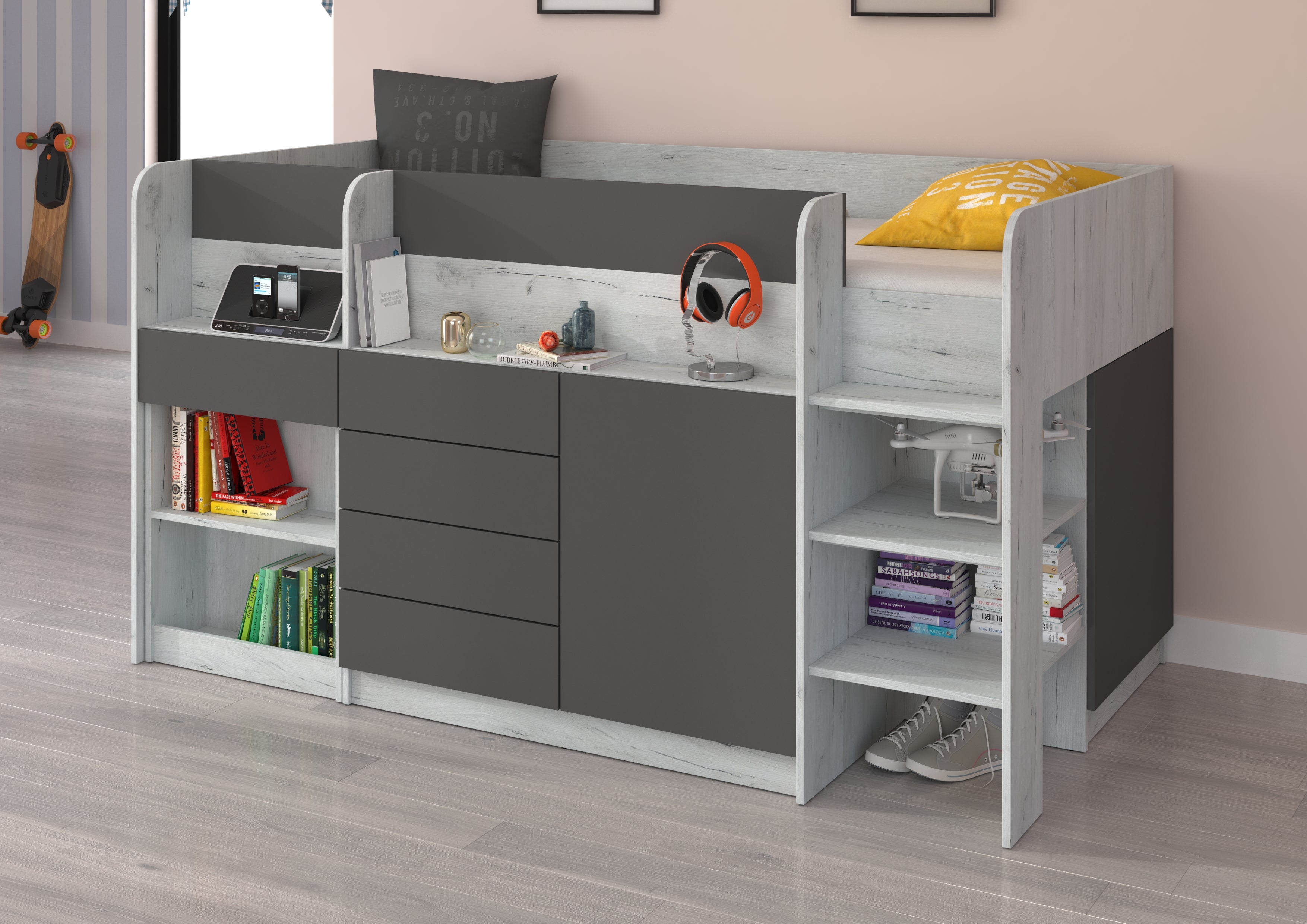 Etagenbett SMI-P mit Treppe rechts, Ausziehbarer Schreibtisch und kleiner Schrank