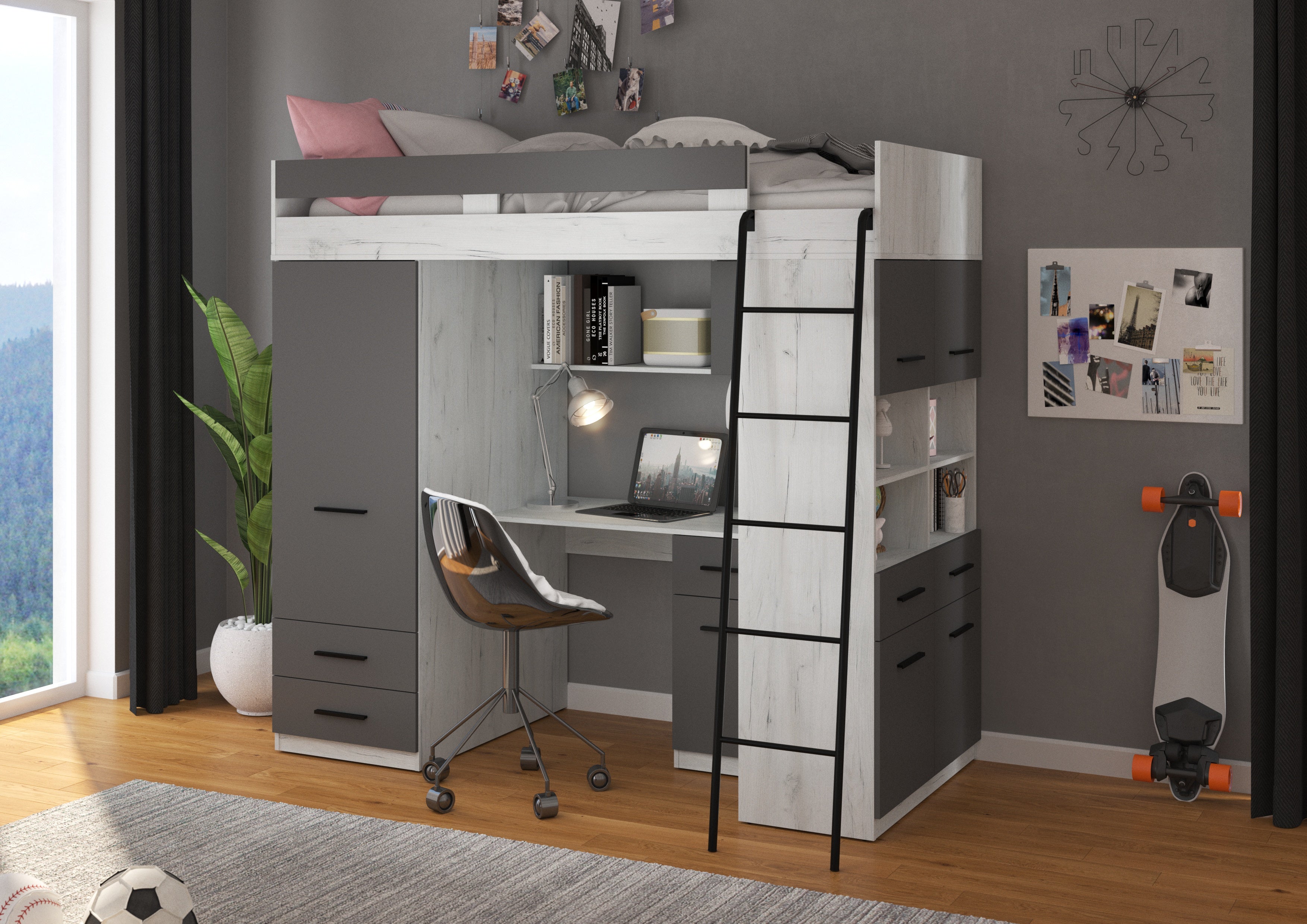 Etagenbett LEV-P mit Leiter rechts, Kleiderschrank, Schreibtisch und viele Regale