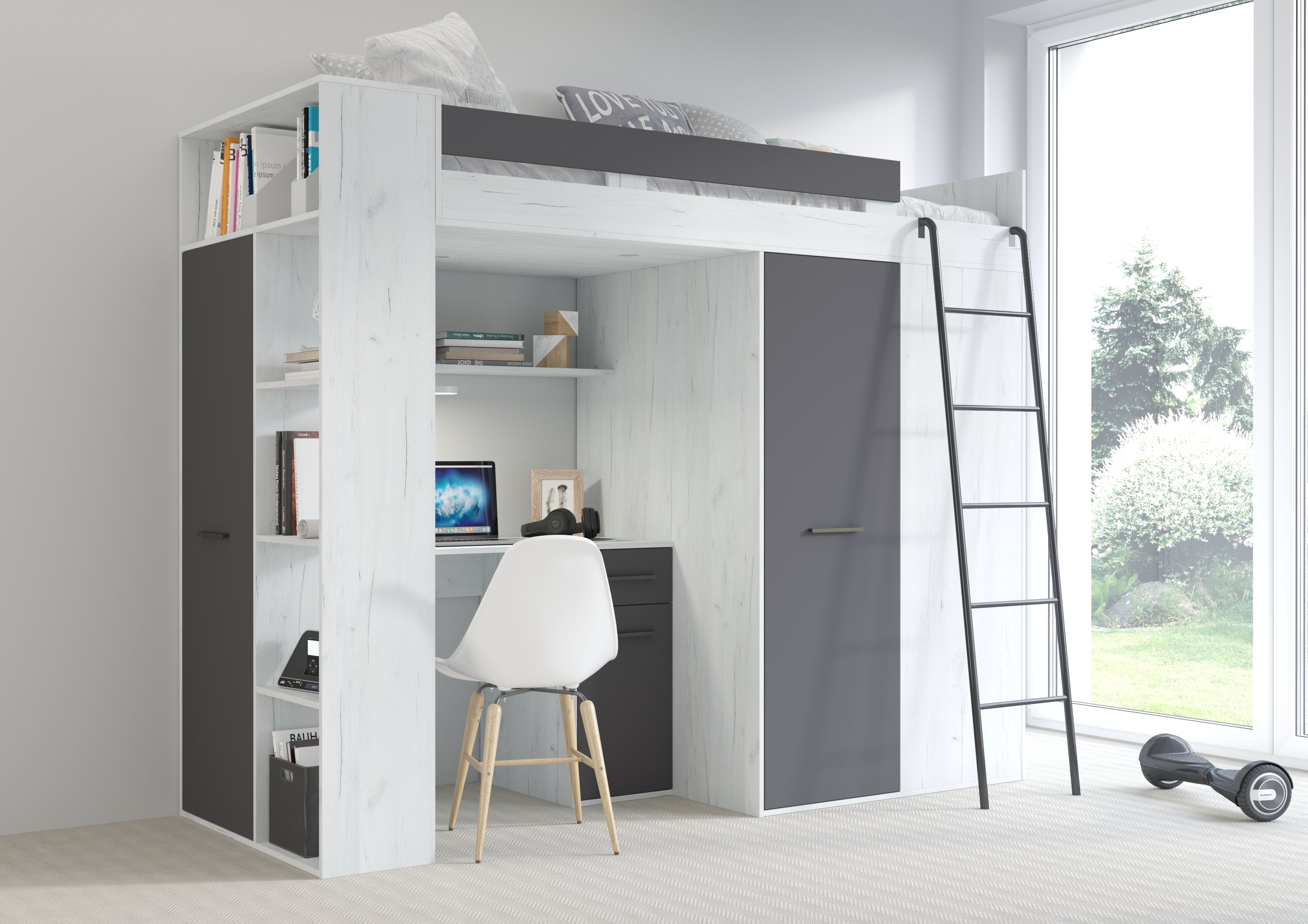 Etagenbett VER-P mit Leiter recht, Kleiderschrank, Schreibtisch und viele Regale