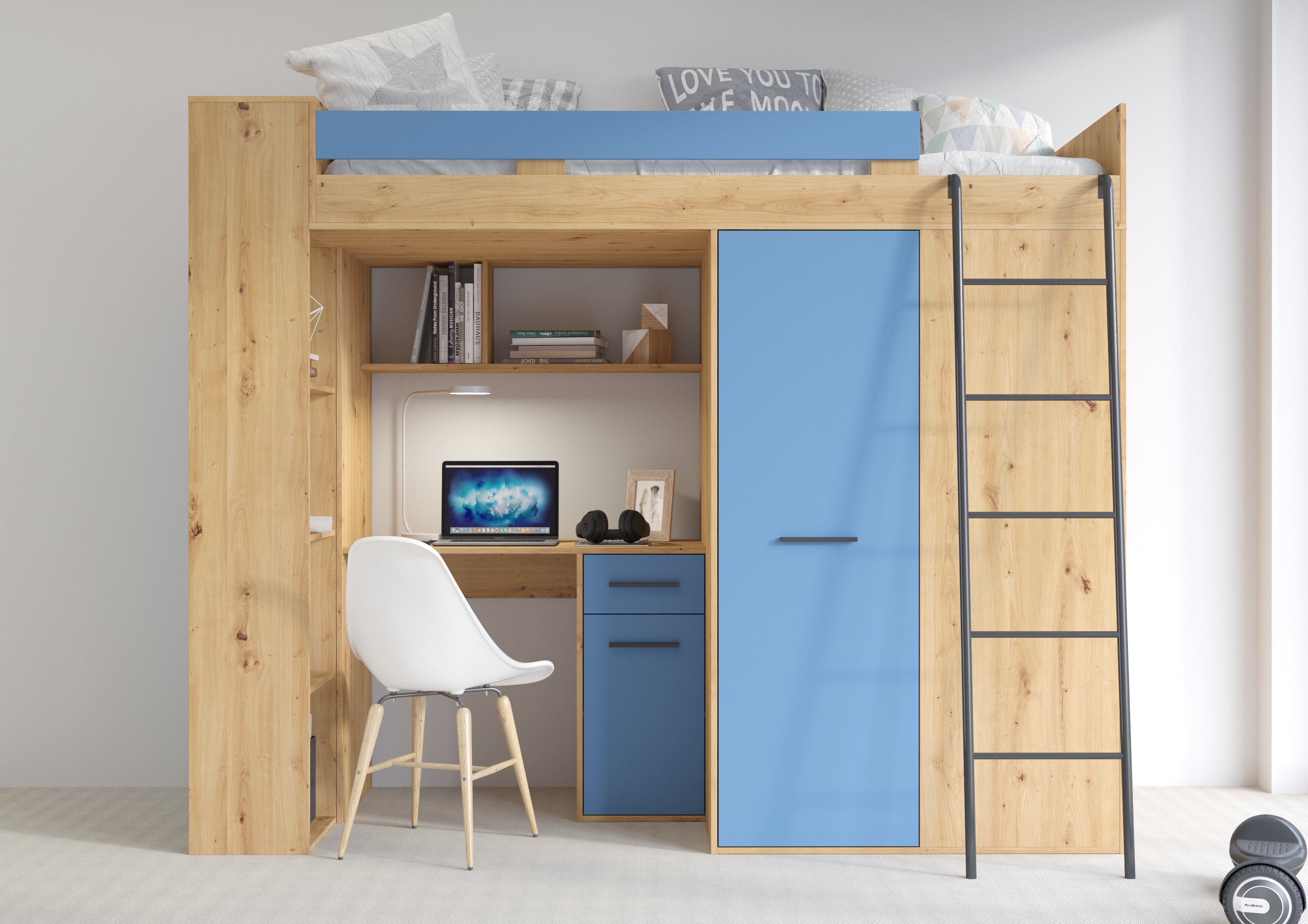 Etagenbett VER-P mit Leiter recht, Kleiderschrank, Schreibtisch und viele Regale