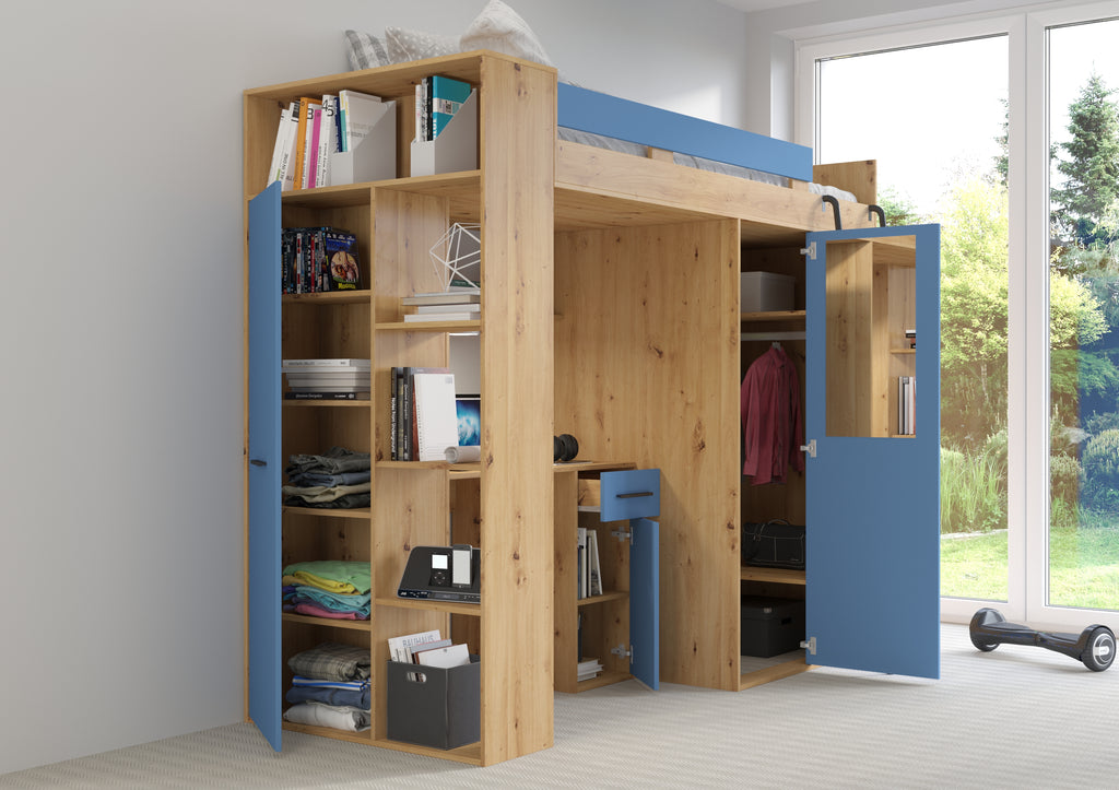 Etagenbett VER-P mit Leiter recht, Kleiderschrank, Schreibtisch und viele Regale