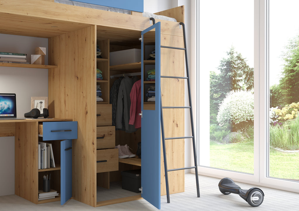 Etagenbett VER-P mit Leiter recht, Kleiderschrank, Schreibtisch und viele Regale