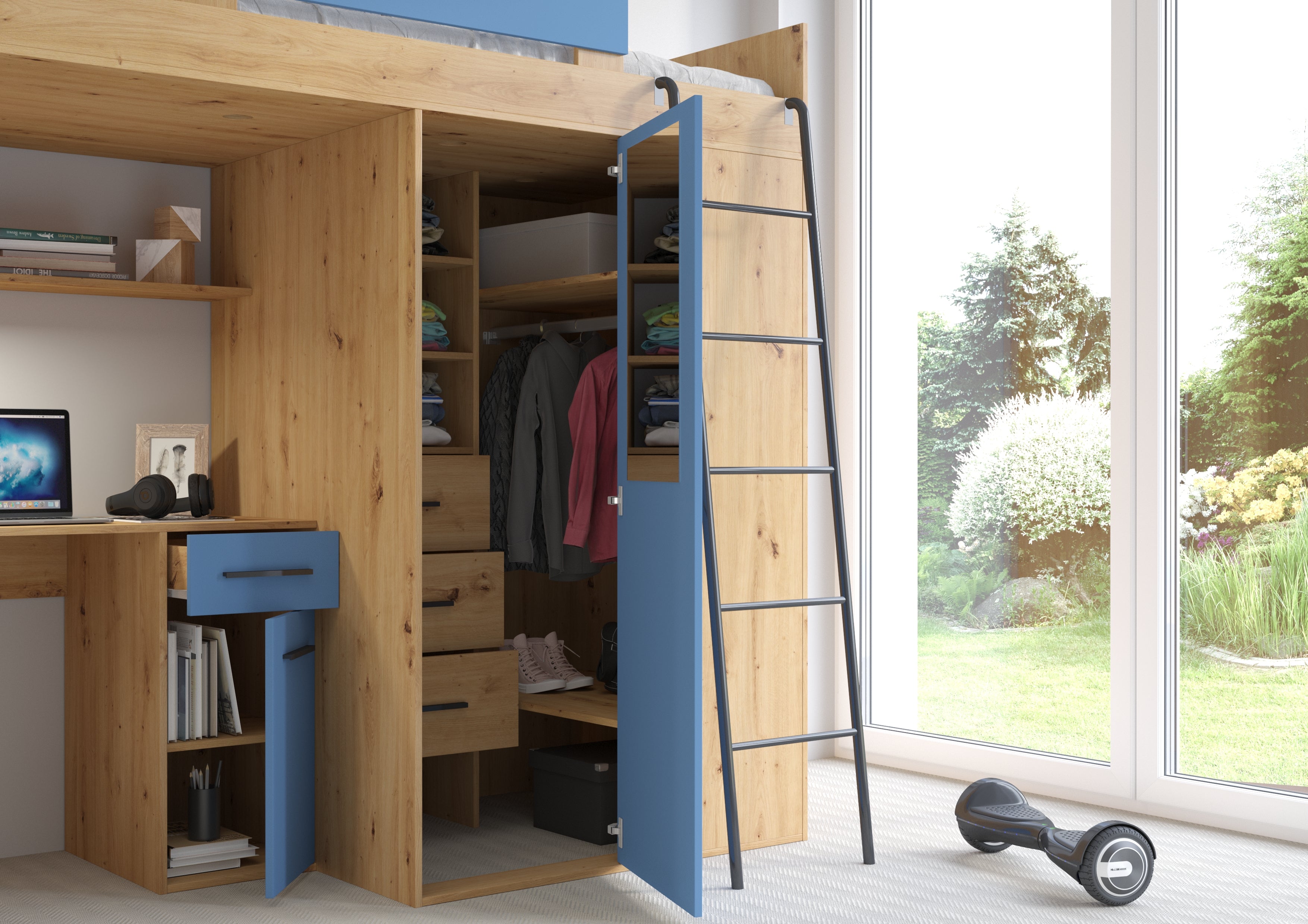 Etagenbett VER-P mit Leiter recht, Kleiderschrank, Schreibtisch und viele Regale