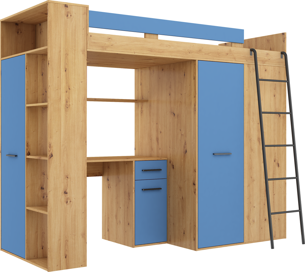 Etagenbett VER-P mit Leiter recht, Kleiderschrank, Schreibtisch und viele Regale