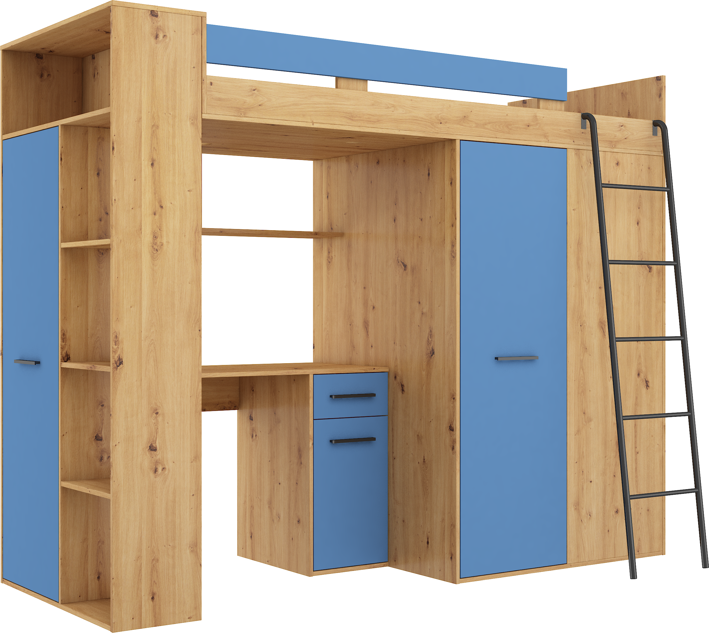 Etagenbett VER-P mit Leiter recht, Kleiderschrank, Schreibtisch und viele Regale