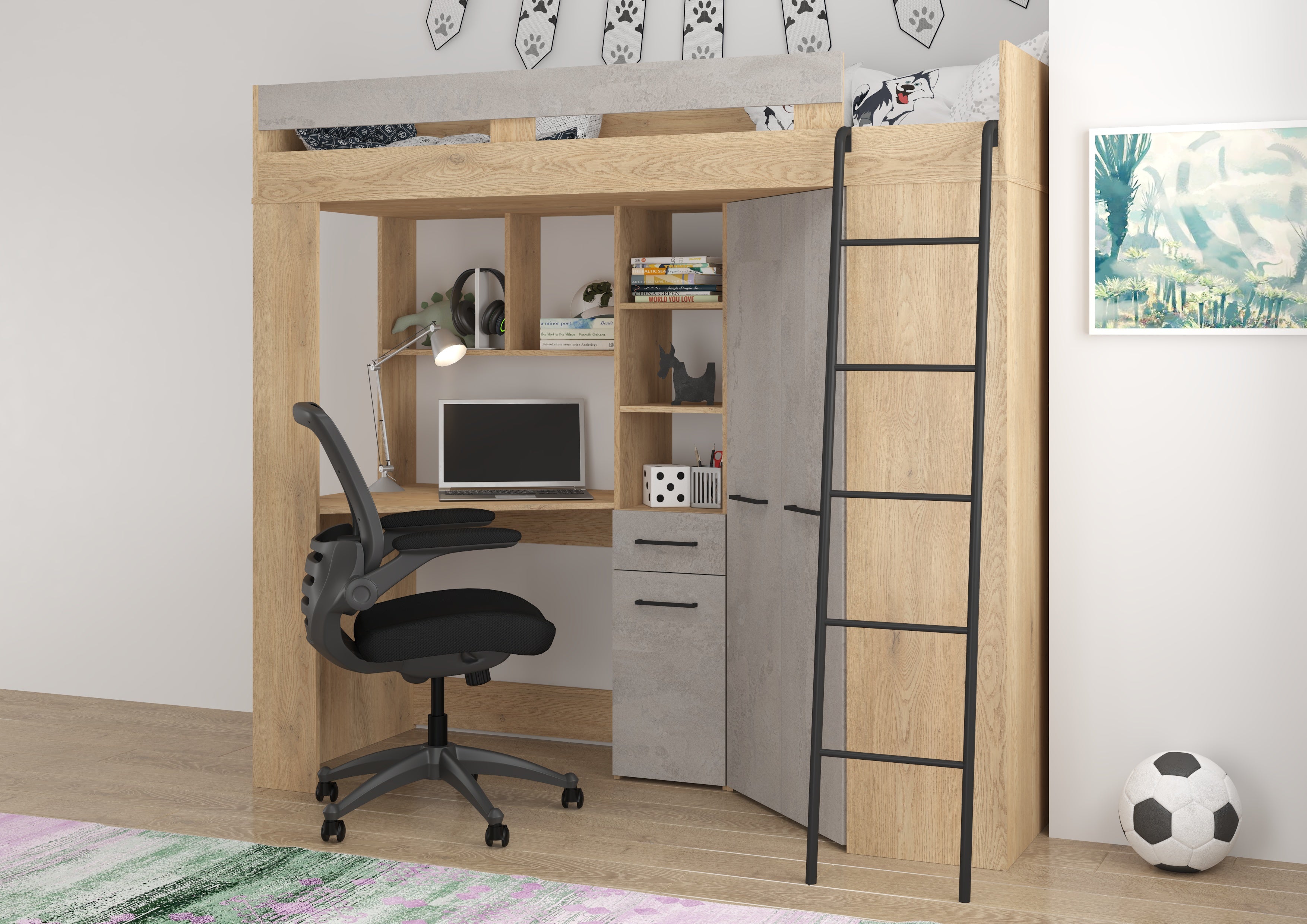 Etagenbett FLO-P mit Leiter Rechts, Eckkleiderschrank und Schreibtisch