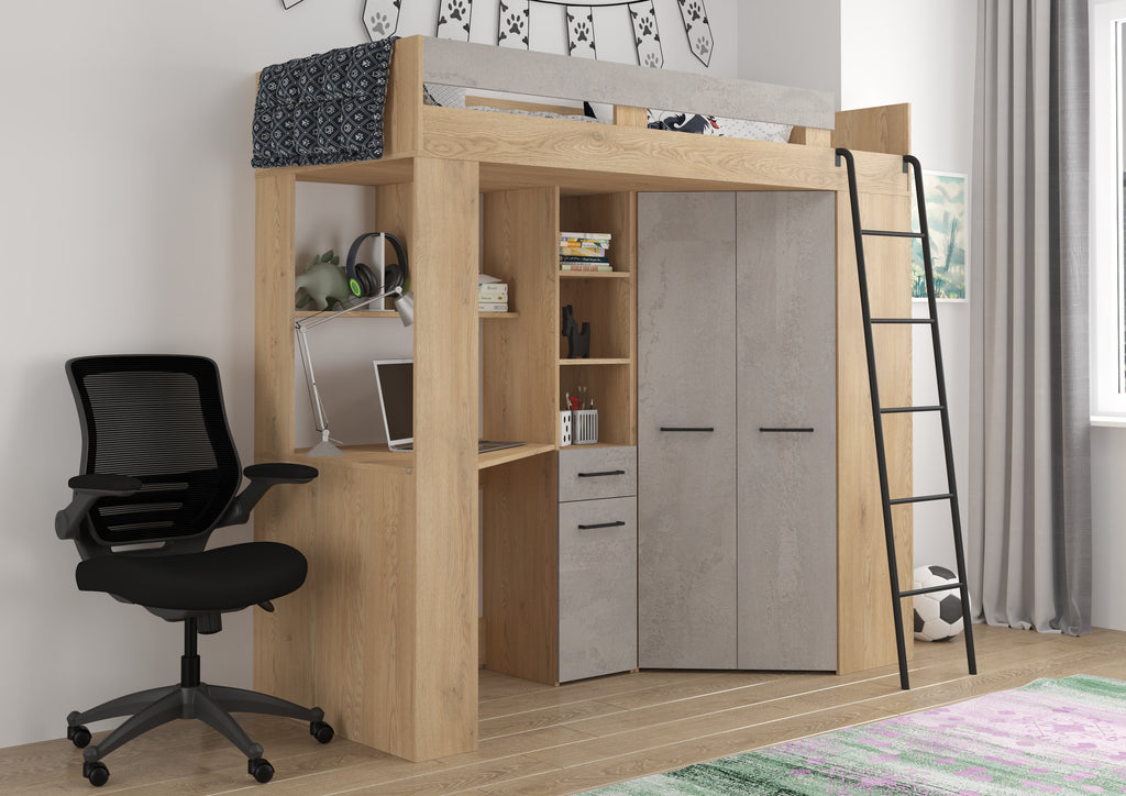 Etagenbett FLO-P mit Leiter Rechts, Eckkleiderschrank und Schreibtisch