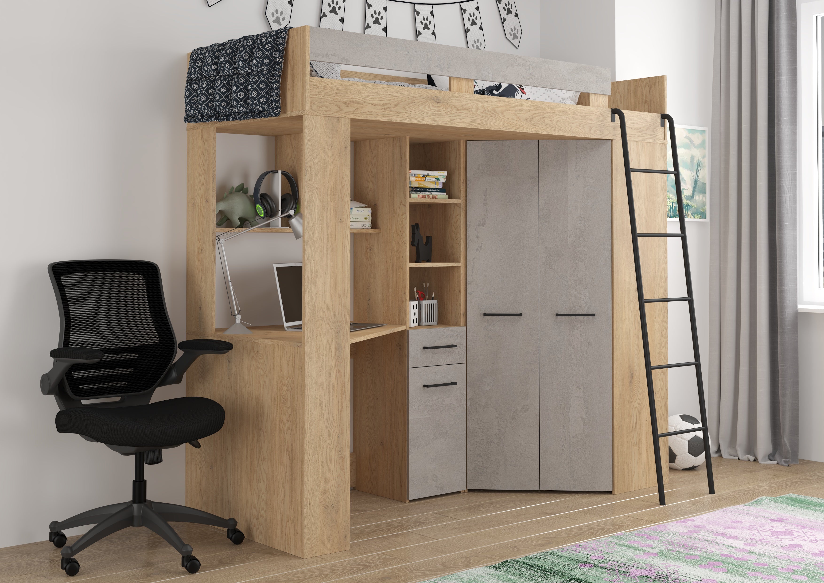 Etagenbett FLO-P mit Leiter Rechts, Eckkleiderschrank und Schreibtisch