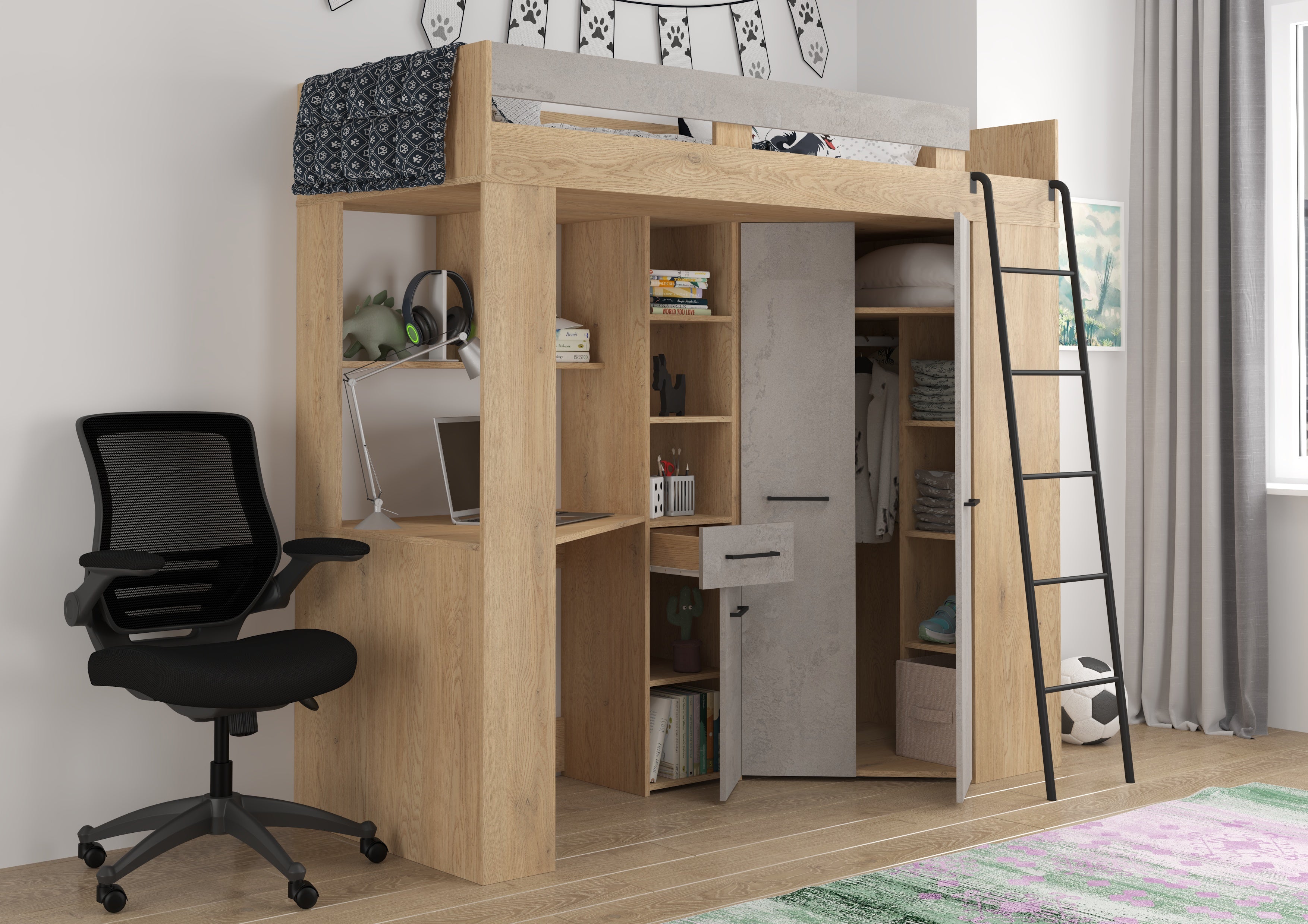 Etagenbett FLO-P mit Leiter Rechts, Eckkleiderschrank und Schreibtisch