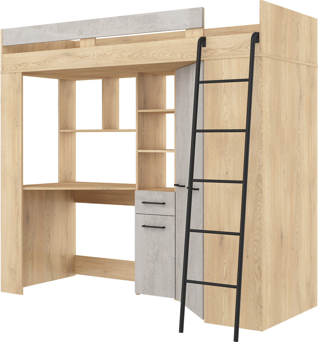 Etagenbett FLO-P mit Leiter Rechts, Eckkleiderschrank und Schreibtisch