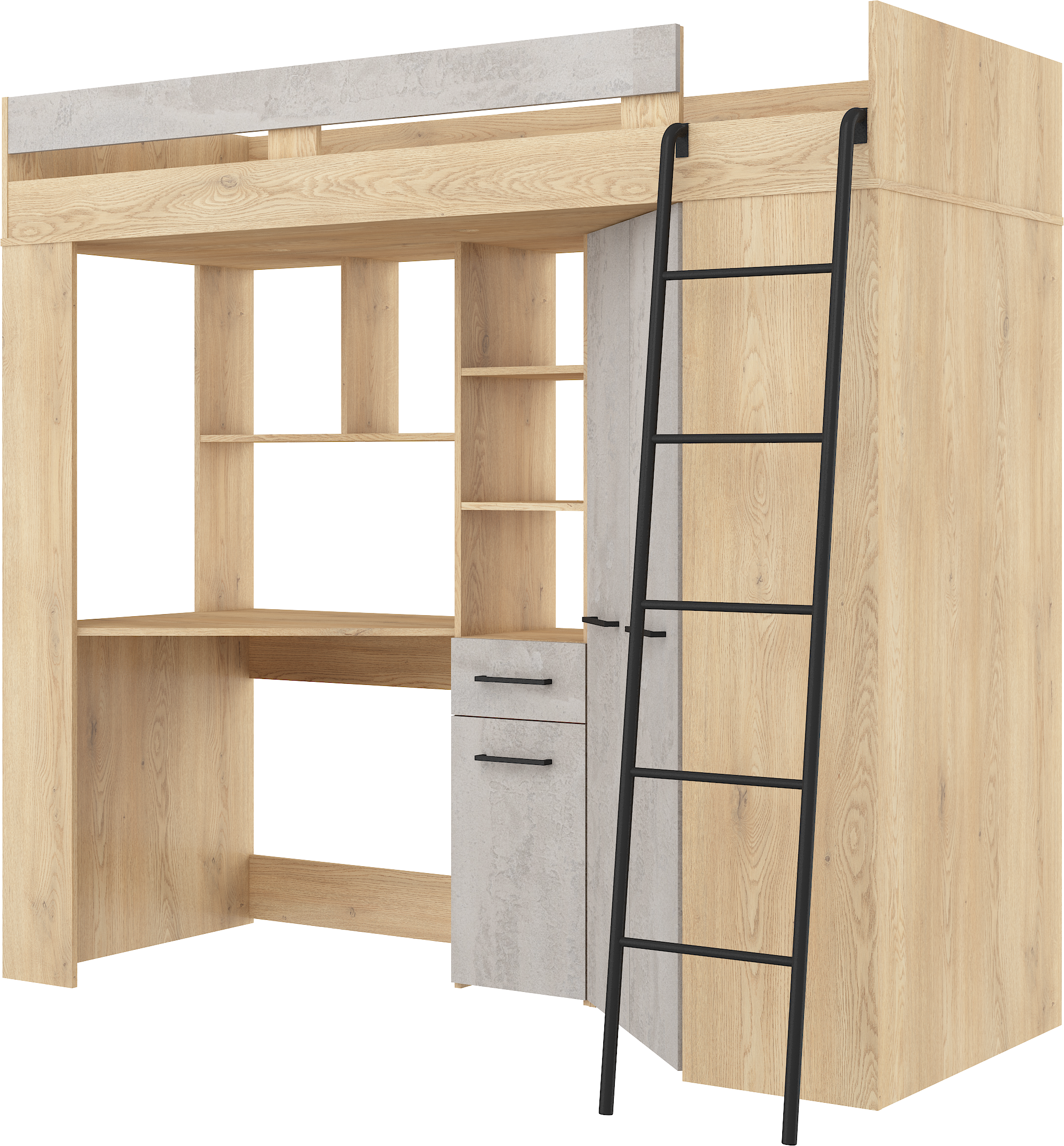 Etagenbett FLO-P mit Leiter Rechts, Eckkleiderschrank und Schreibtisch