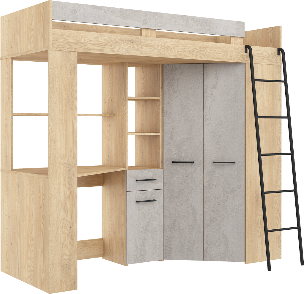 Etagenbett FLO-P mit Leiter Rechts, Eckkleiderschrank und Schreibtisch