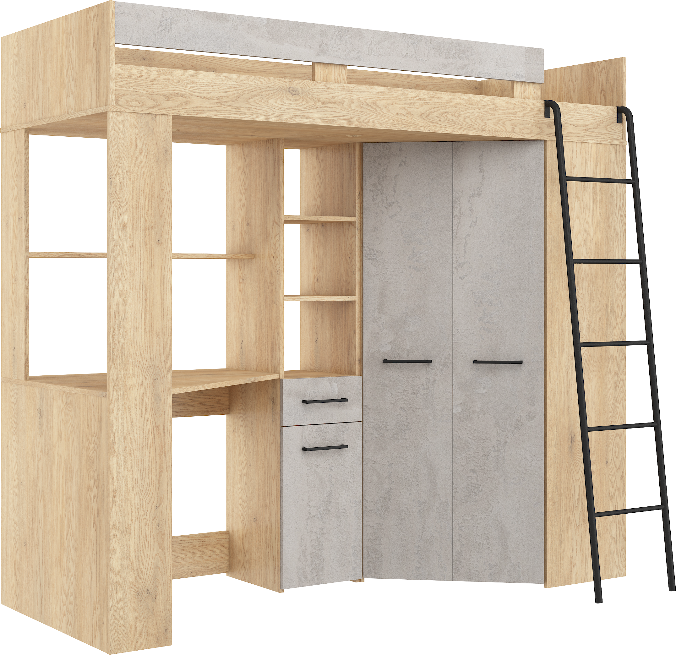 Etagenbett FLO-P mit Leiter Rechts, Eckkleiderschrank und Schreibtisch
