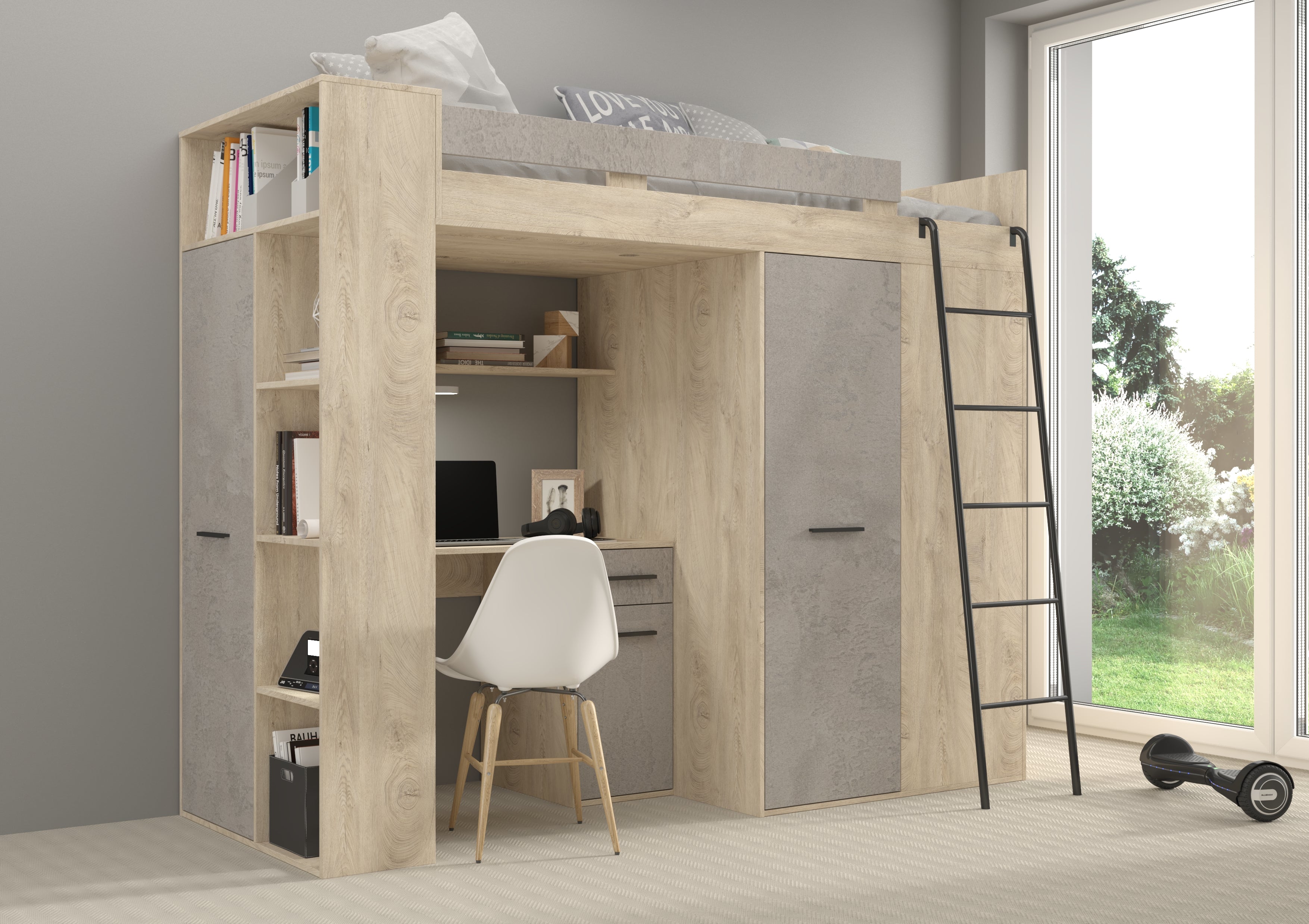 Etagenbett VER-P mit Leiter recht, Kleiderschrank, Schreibtisch und viele Regale