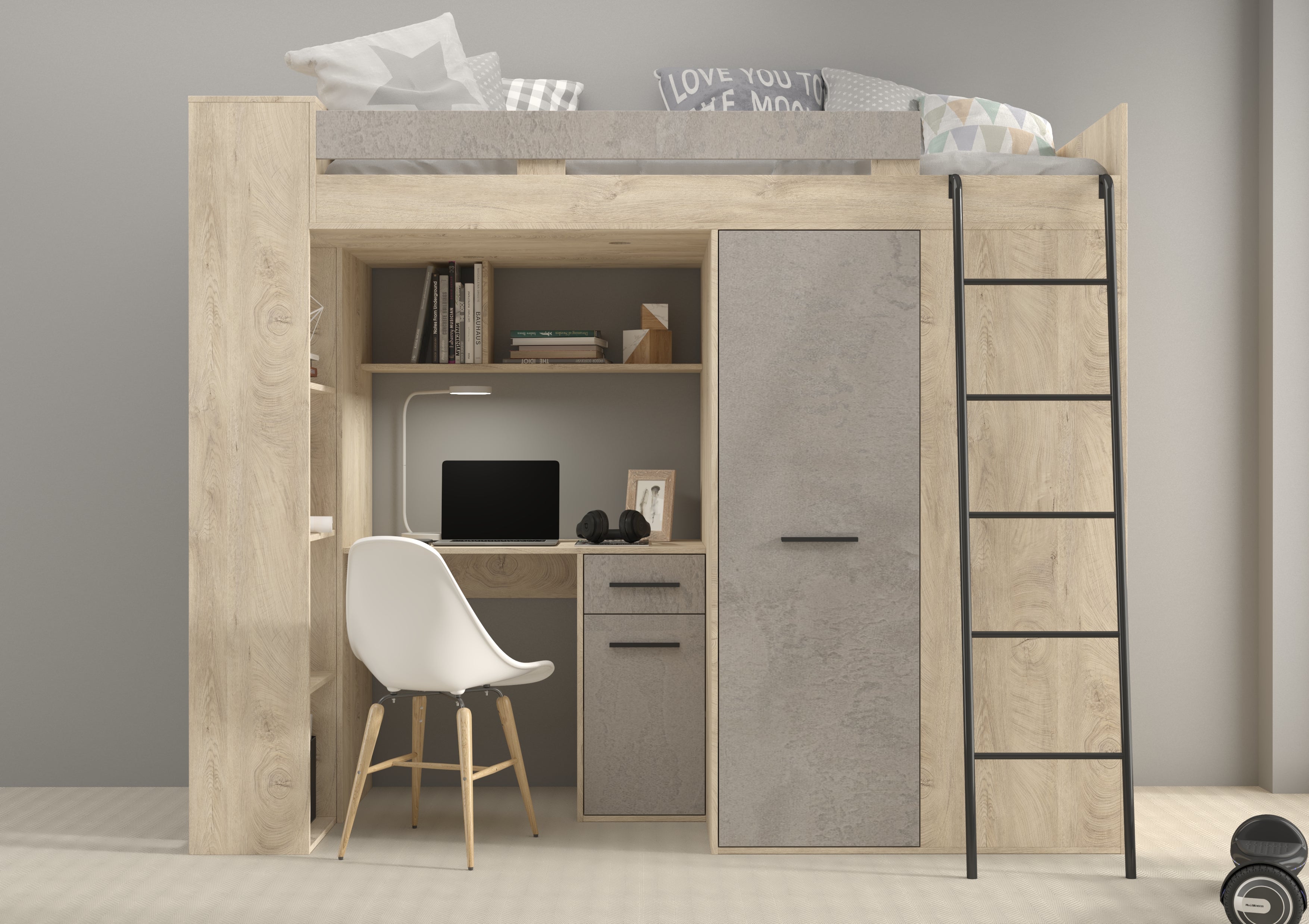 Etagenbett VER-P mit Leiter recht, Kleiderschrank, Schreibtisch und viele Regale