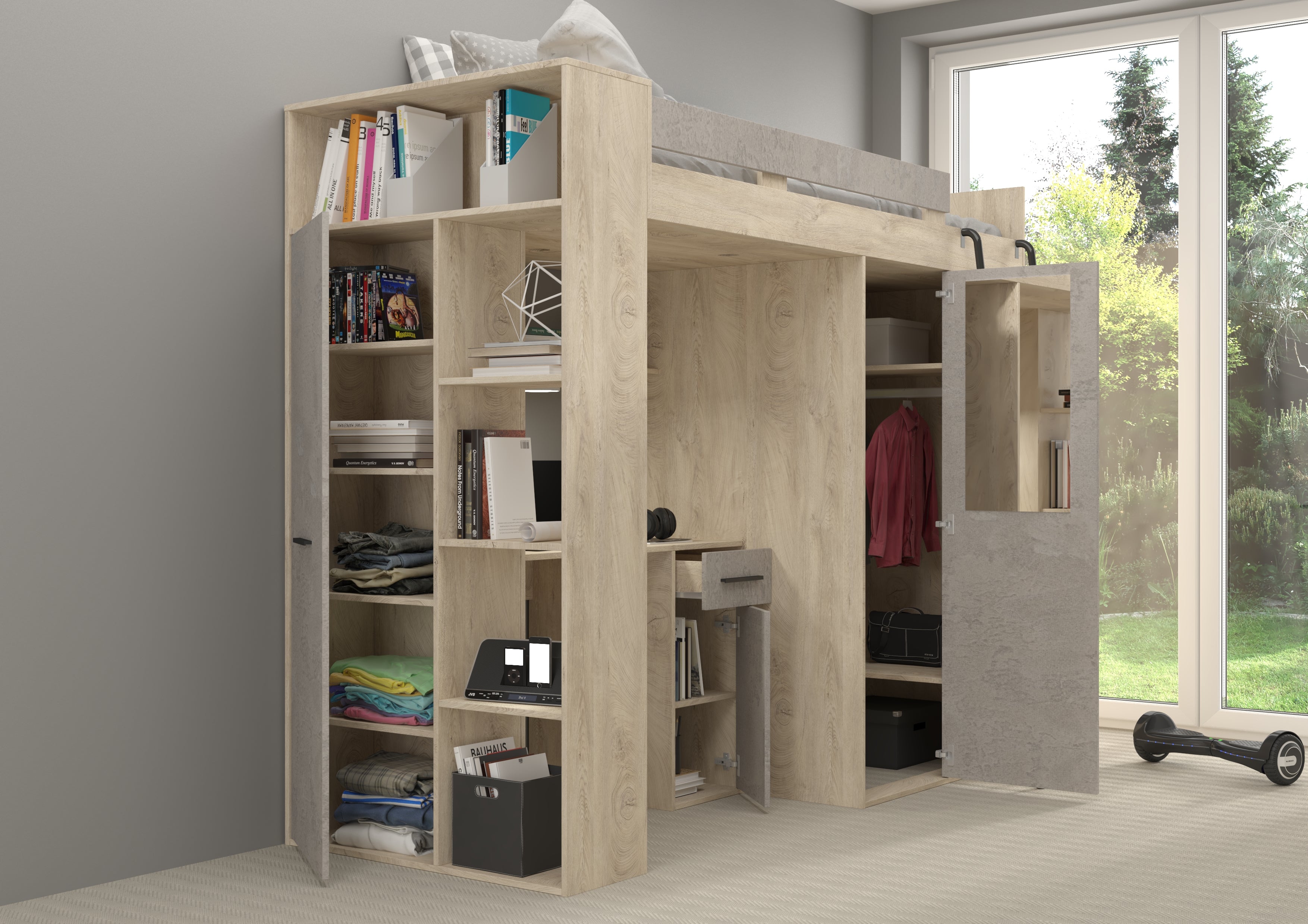 Etagenbett VER-P mit Leiter recht, Kleiderschrank, Schreibtisch und viele Regale