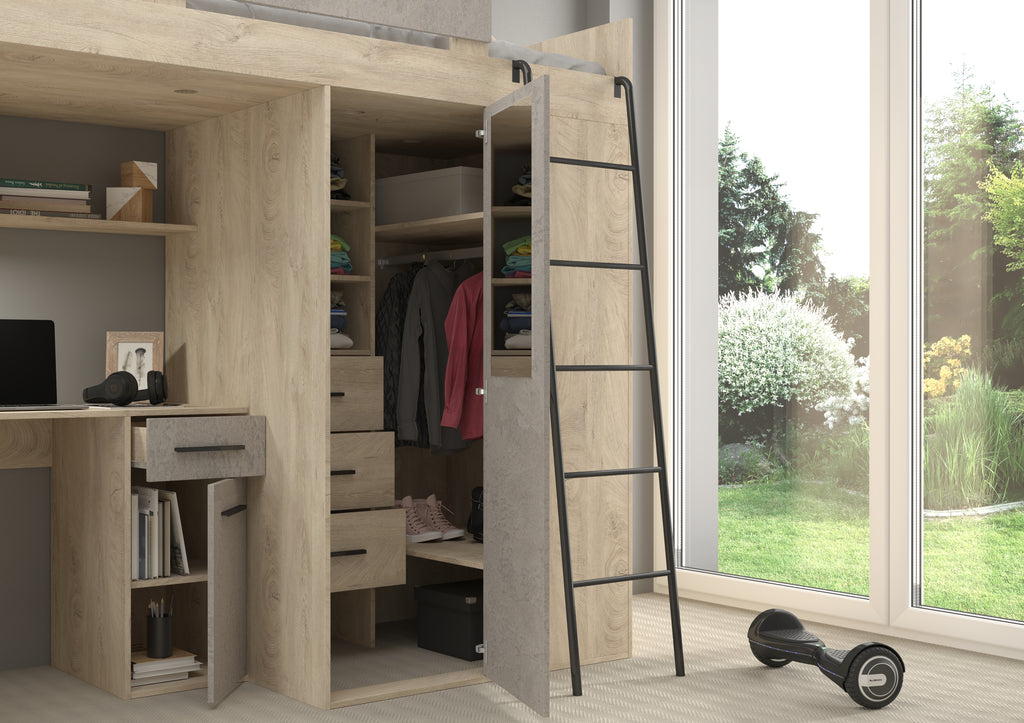 Etagenbett VER-P mit Leiter recht, Kleiderschrank, Schreibtisch und viele Regale
