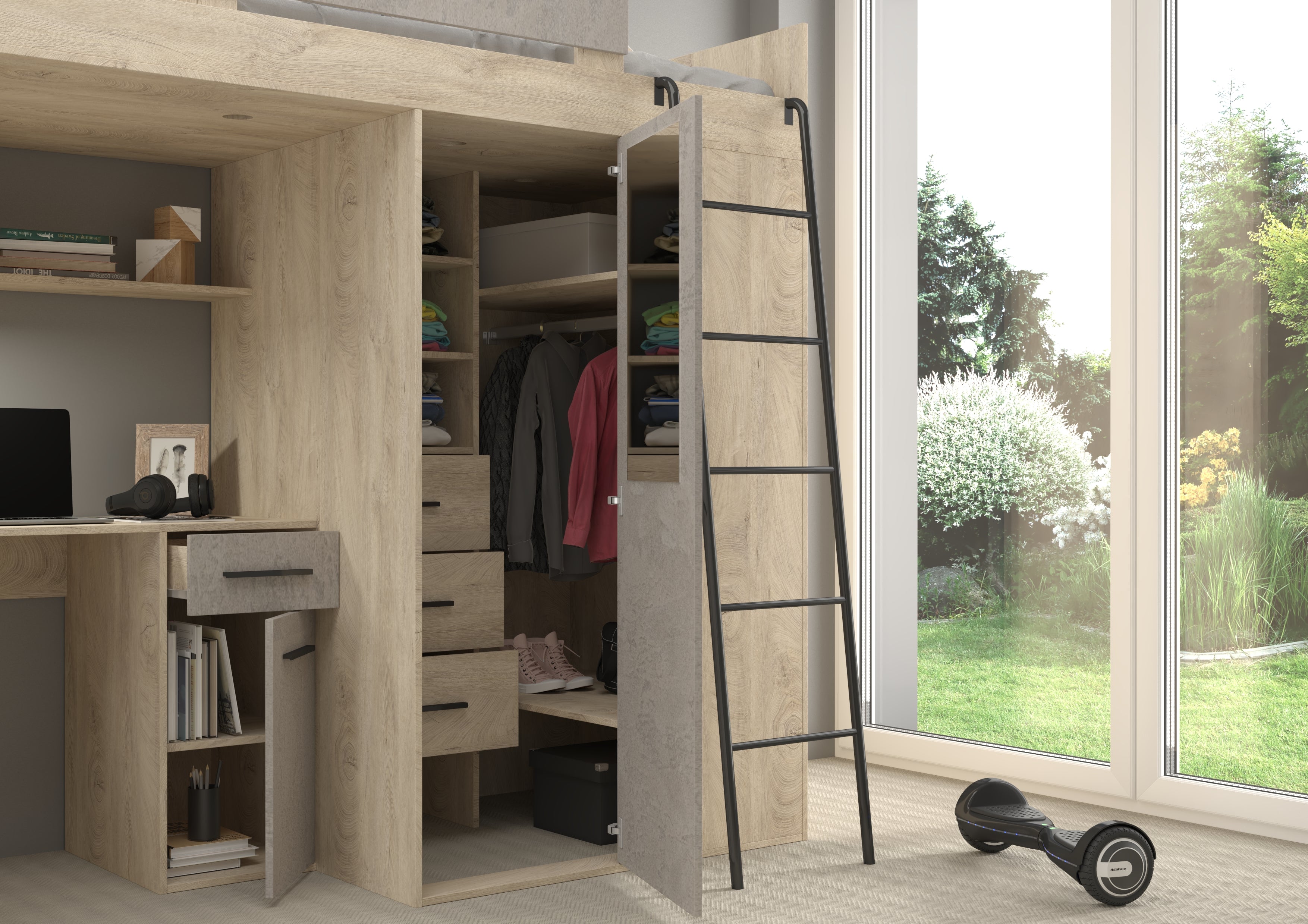 Etagenbett VER-P mit Leiter recht, Kleiderschrank, Schreibtisch und viele Regale