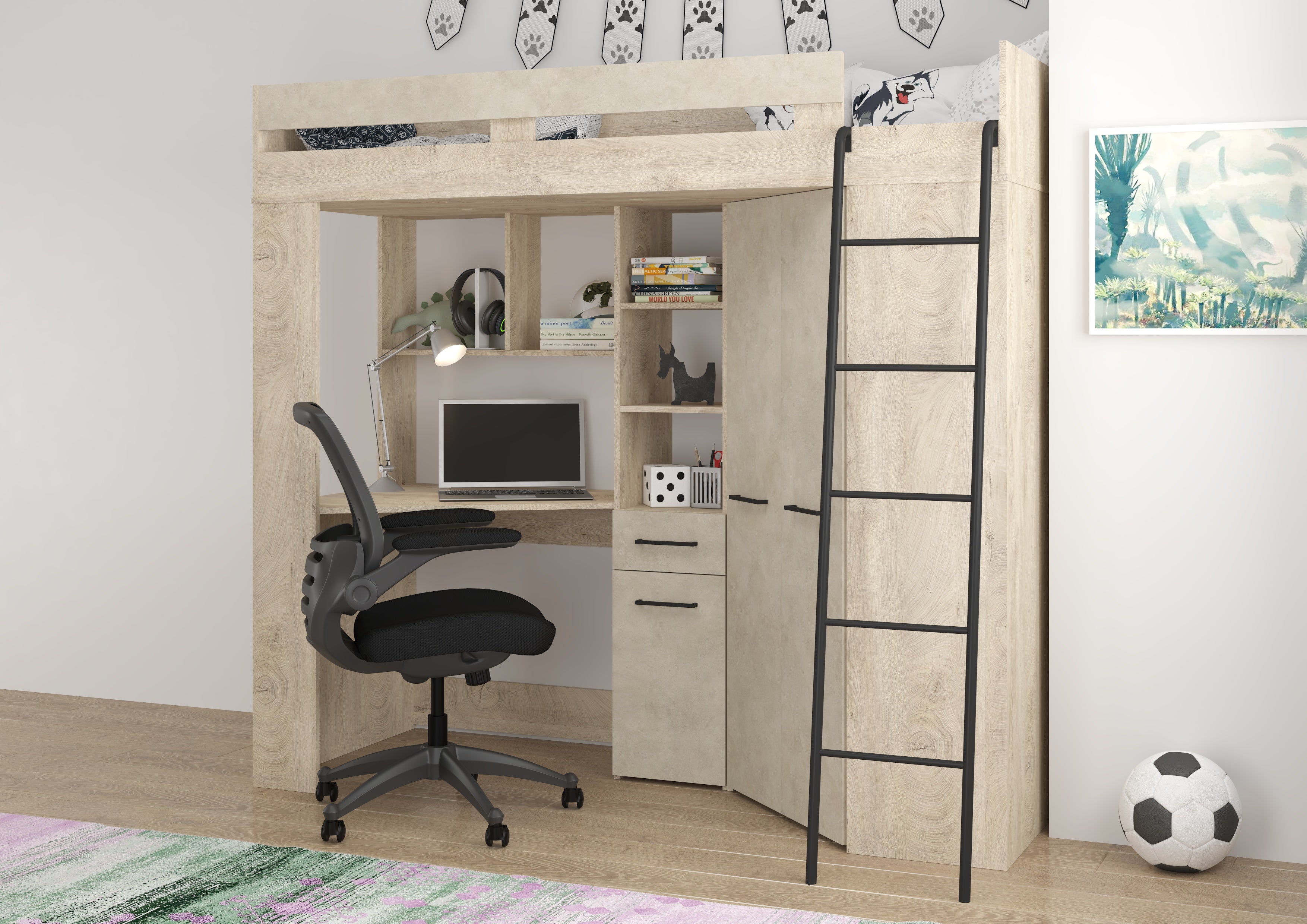 Etagenbett FLO-P mit Leiter Rechts, Eckkleiderschrank und Schreibtisch