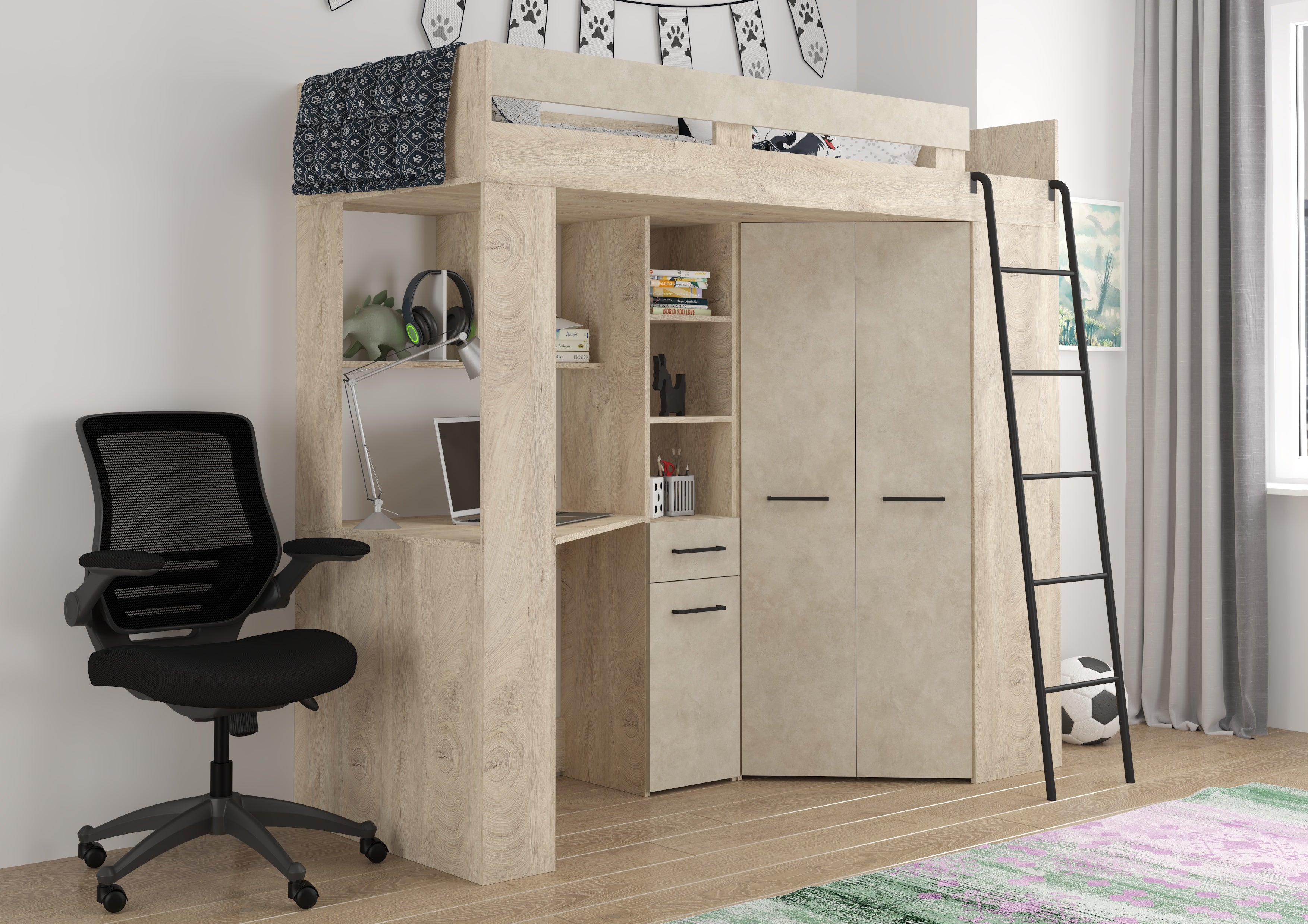 Etagenbett FLO-P mit Leiter Rechts, Eckkleiderschrank und Schreibtisch