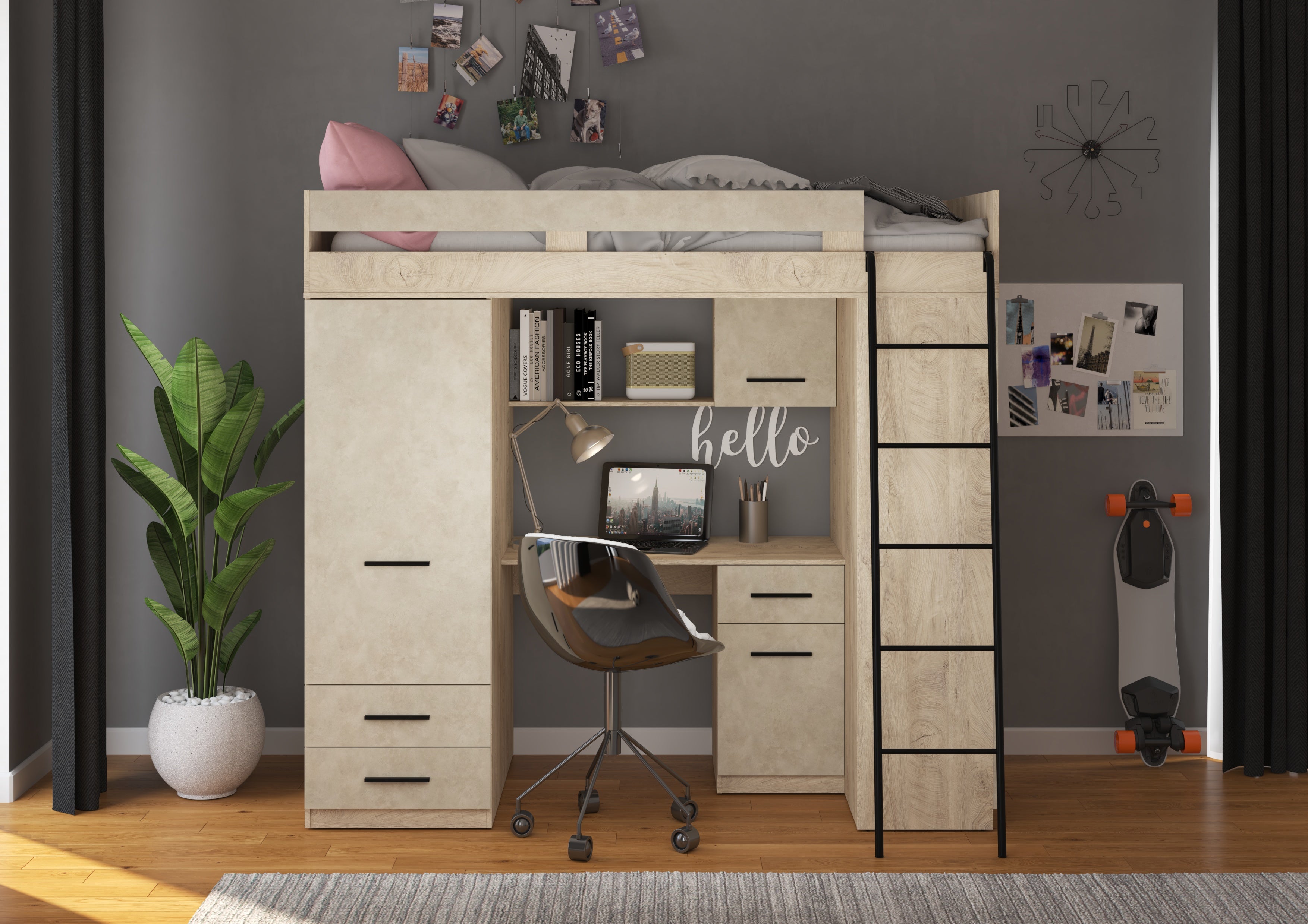 Etagenbett LEV-P mit Leiter rechts, Kleiderschrank, Schreibtisch und viele Regale