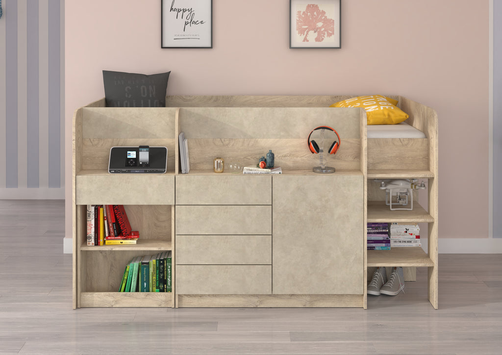 Etagenbett SMI-P mit Treppe rechts, Ausziehbarer Schreibtisch und kleiner Schrank