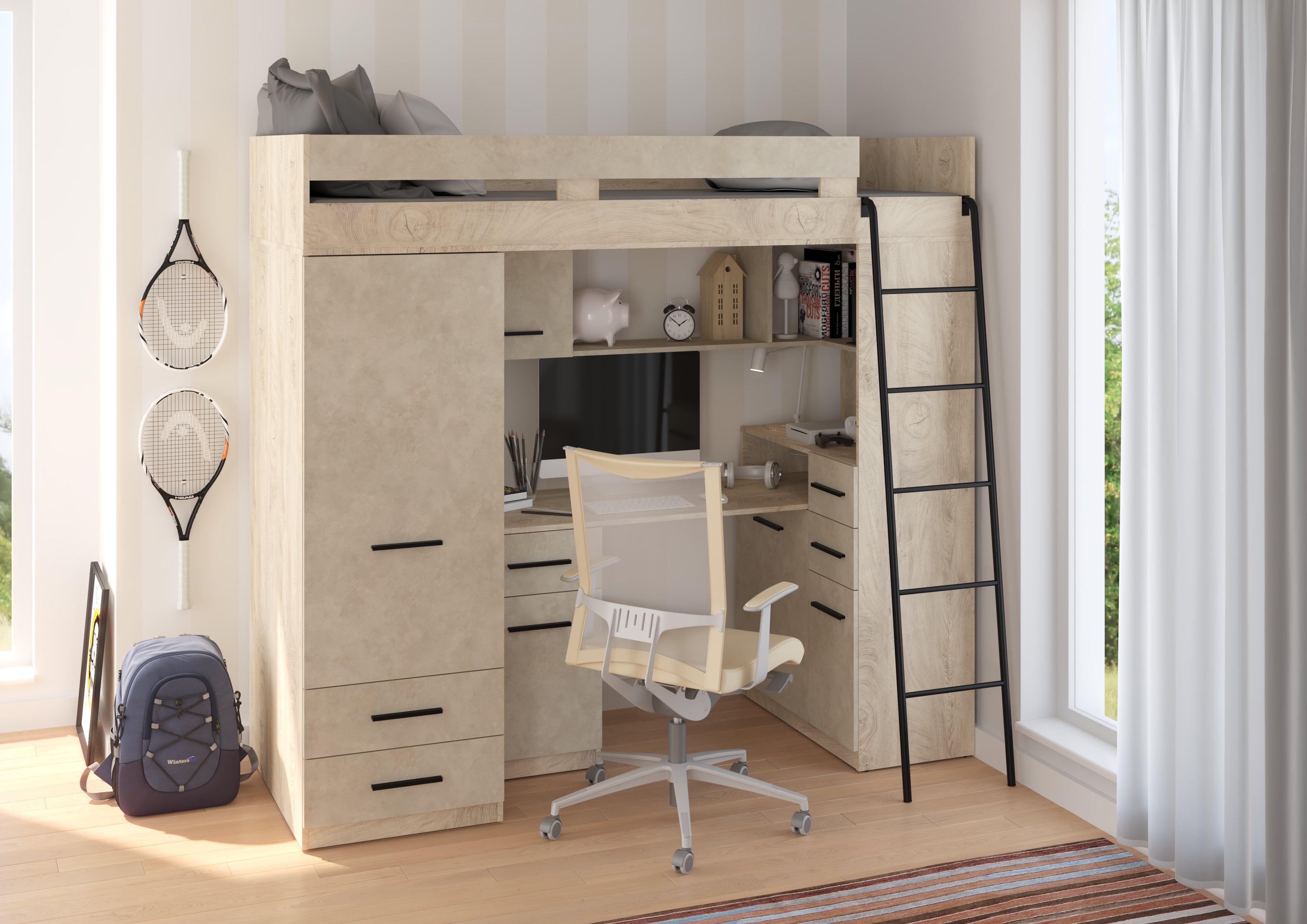 Etagenbett SMY-P mit Leiter rechts, Kleiderschrank, Schreibtisch und viele Regale