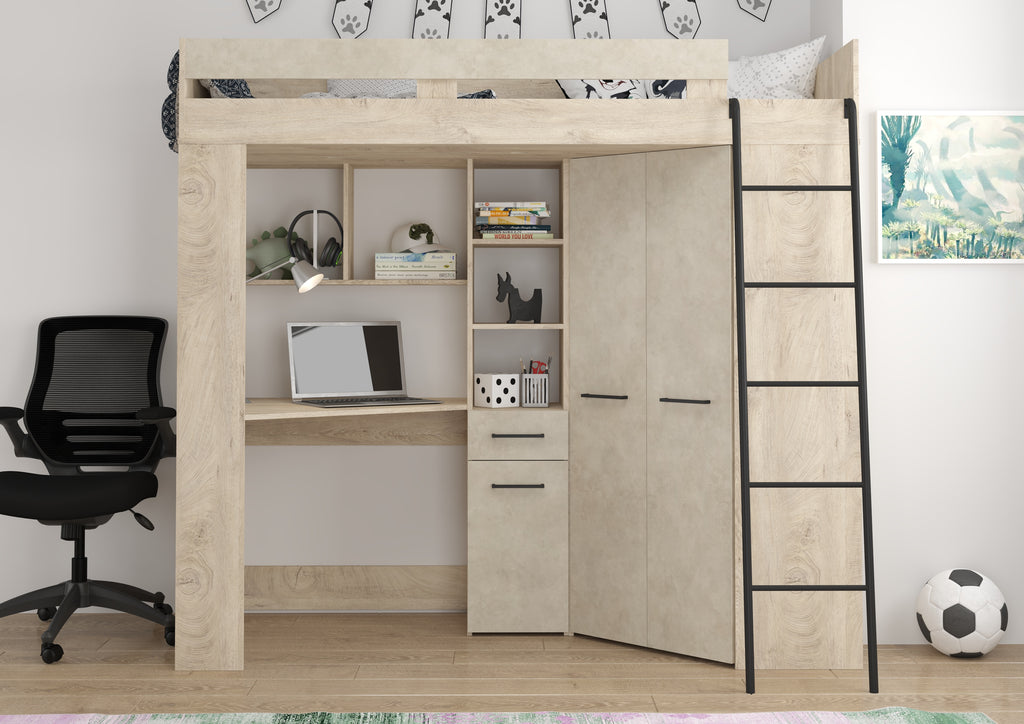 Etagenbett FLO-P mit Leiter Rechts, Eckkleiderschrank und Schreibtisch