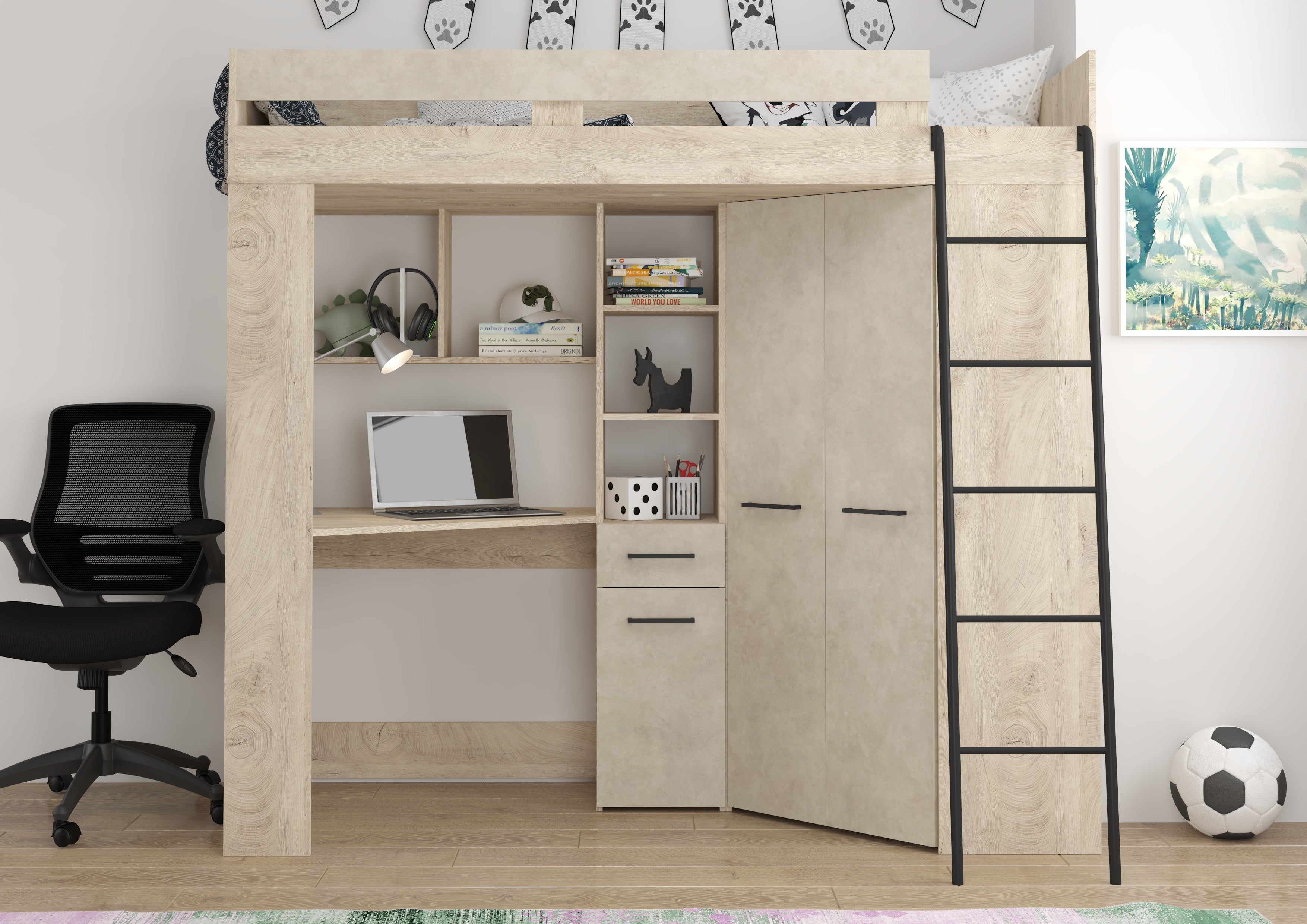 Etagenbett FLO-P mit Leiter Rechts, Eckkleiderschrank und Schreibtisch