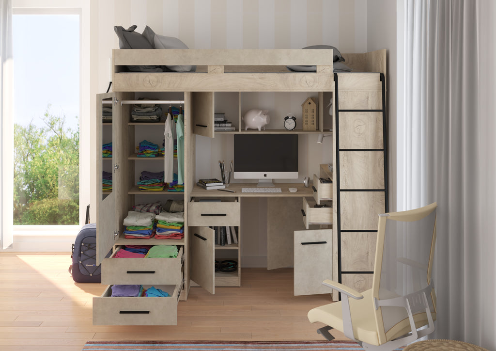 Etagenbett SMY-P mit Leiter rechts, Kleiderschrank, Schreibtisch und viele Regale