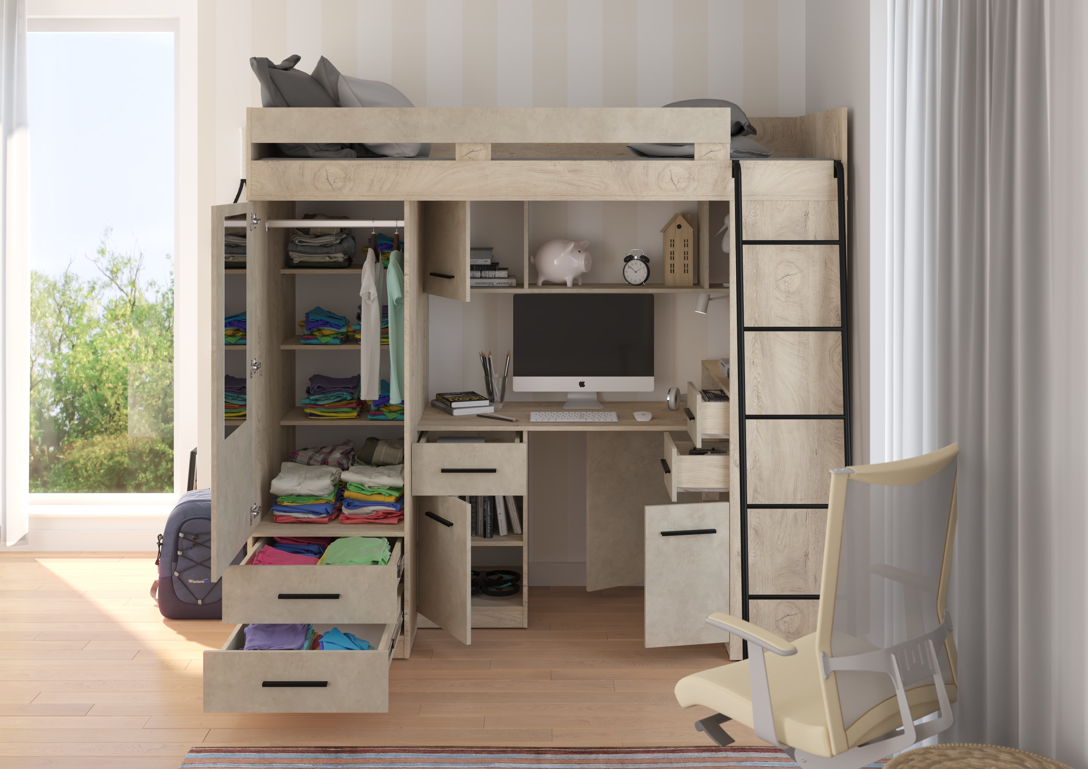 Etagenbett SMY-P mit Leiter rechts, Kleiderschrank, Schreibtisch und viele Regale