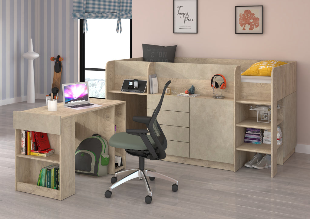 Etagenbett SMI-P mit Treppe rechts, Ausziehbarer Schreibtisch und kleiner Schrank