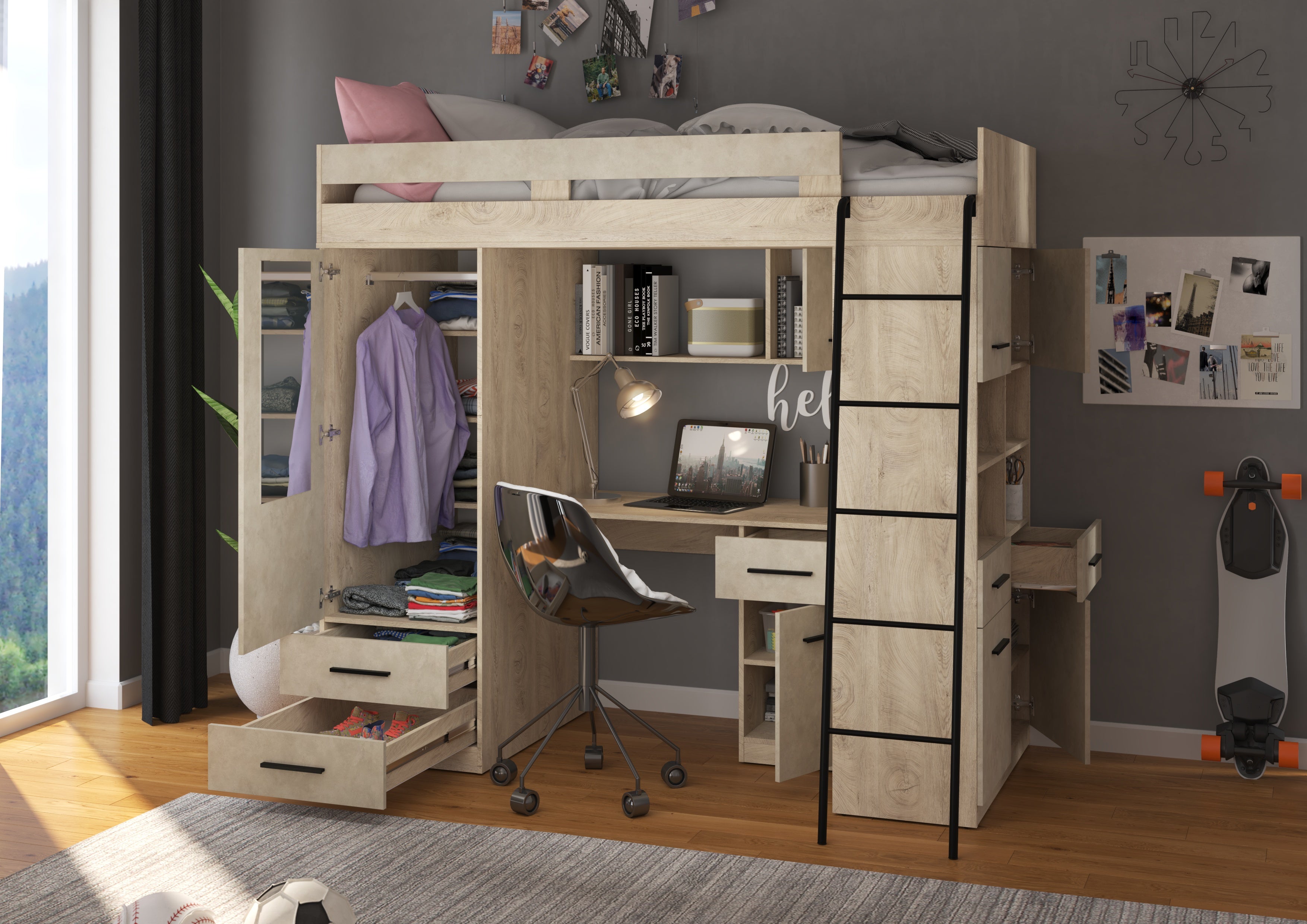 Etagenbett LEV-P mit Leiter rechts, Kleiderschrank, Schreibtisch und viele Regale