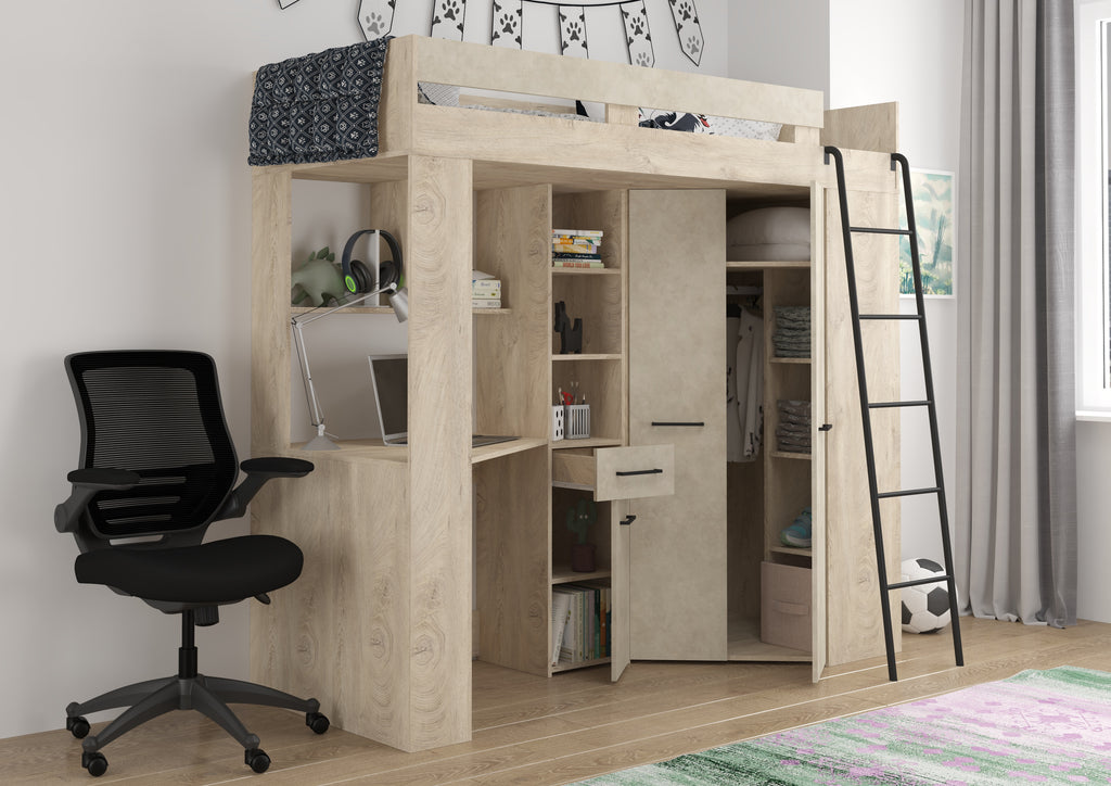 Etagenbett FLO-P mit Leiter Rechts, Eckkleiderschrank und Schreibtisch