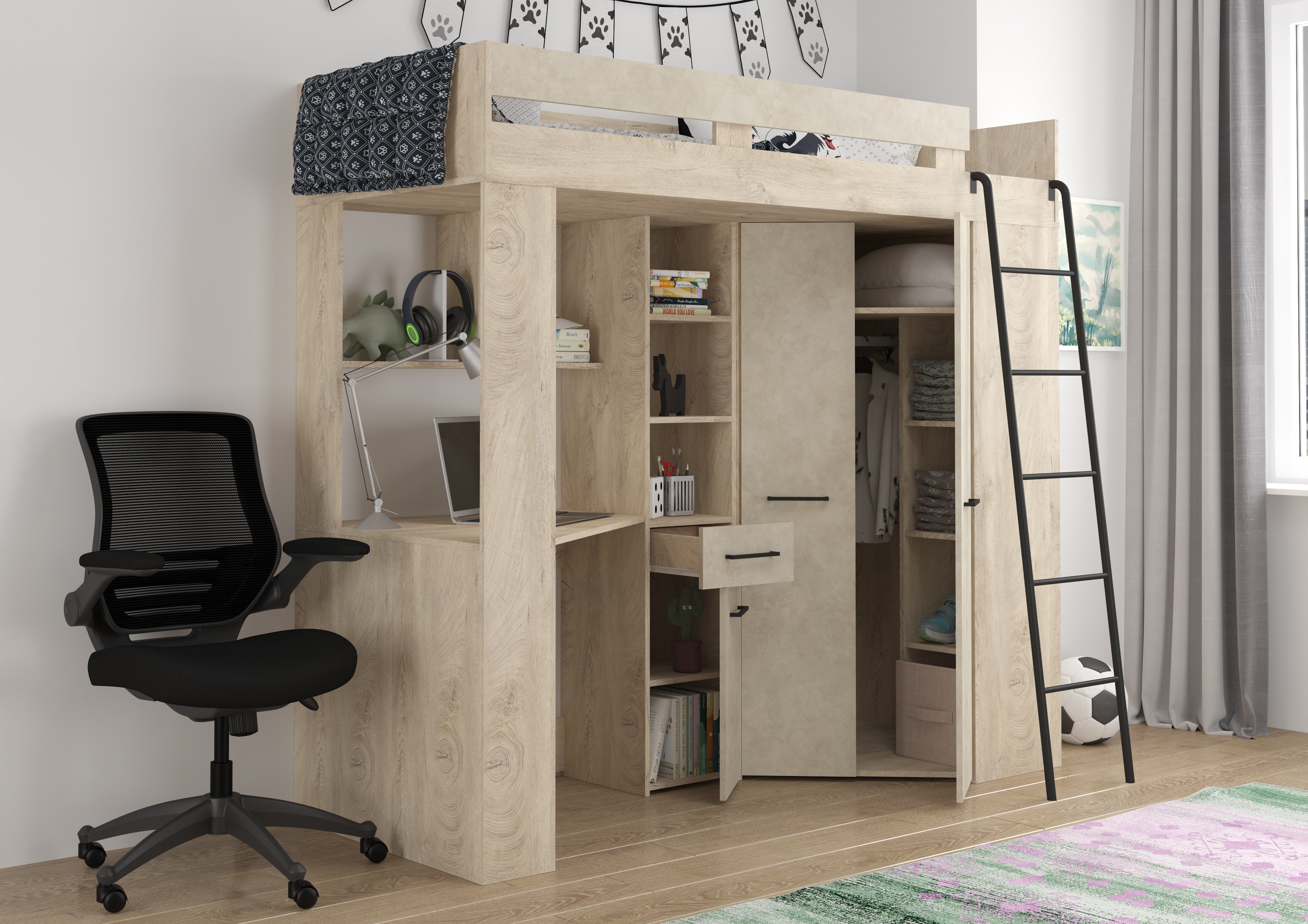 Etagenbett FLO-P mit Leiter Rechts, Eckkleiderschrank und Schreibtisch